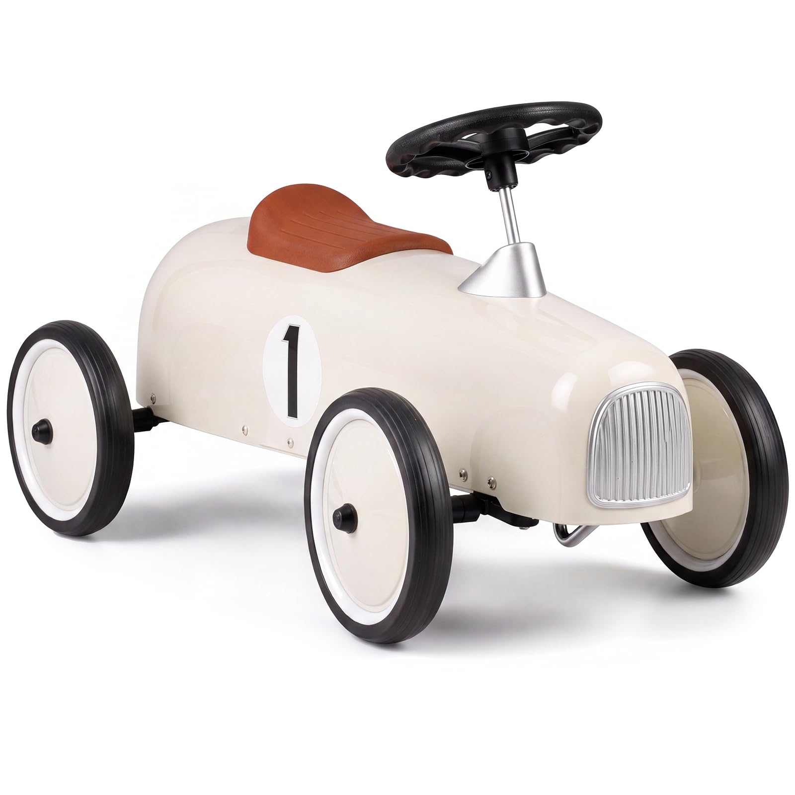 KOMFOTTEU Retro Metall Rutschauto für Kinder ab 18 Monaten (Weiß) | Kinderfahrzeug mit Lenkbegrenzung, Komfortsitz, rutschfesten Rädern, drinnen/draußen, für Jungen & Mädchen, 75 × 39 × 40 cm