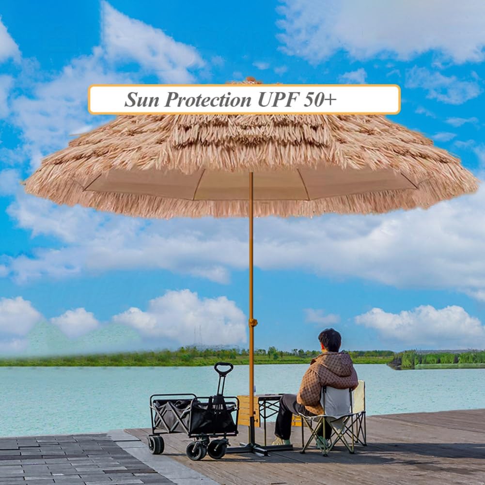 Tiki Parasol tarasowy 2,1 m / 2,4 m, ochrona przed promieniowaniem UV, na zewnątrz, hawajska słomka, pochylany przenośny, z torbą do przenoszenia, haczykiem i żelaznym drążkiem środkowym