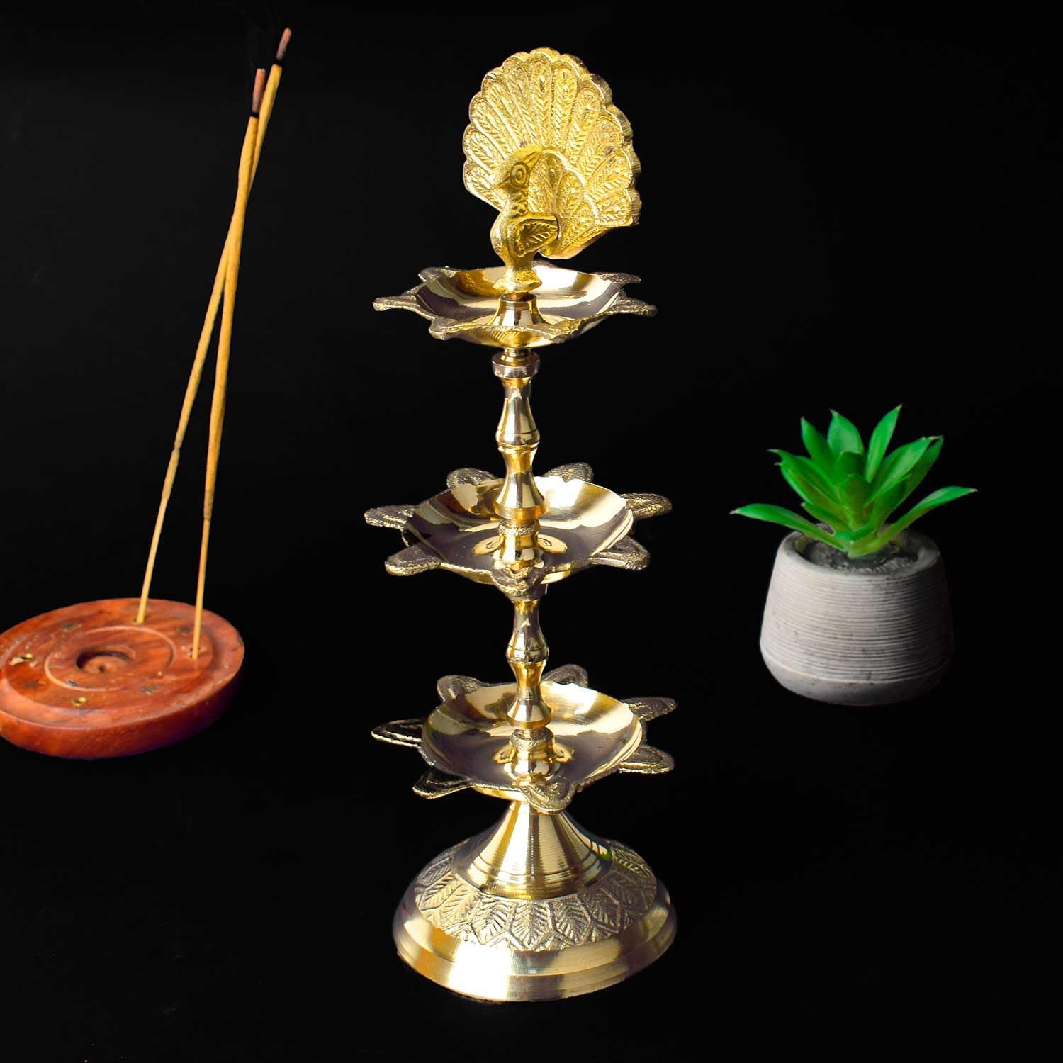 SATVIK 8.5 INCH - 3 Step Flying Peacock Brass Diya – Handcrafted Indian Pooja Diya for Festivals, Home Decor, and Gifting