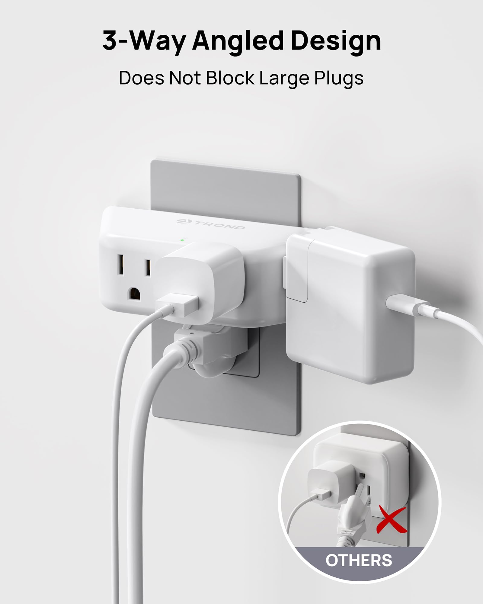 TROND Outlet Extender Surge Protector - Multi Plug Wall Outlet with 4 Grounded Sockets 3 Way Angled Plug — view 3
