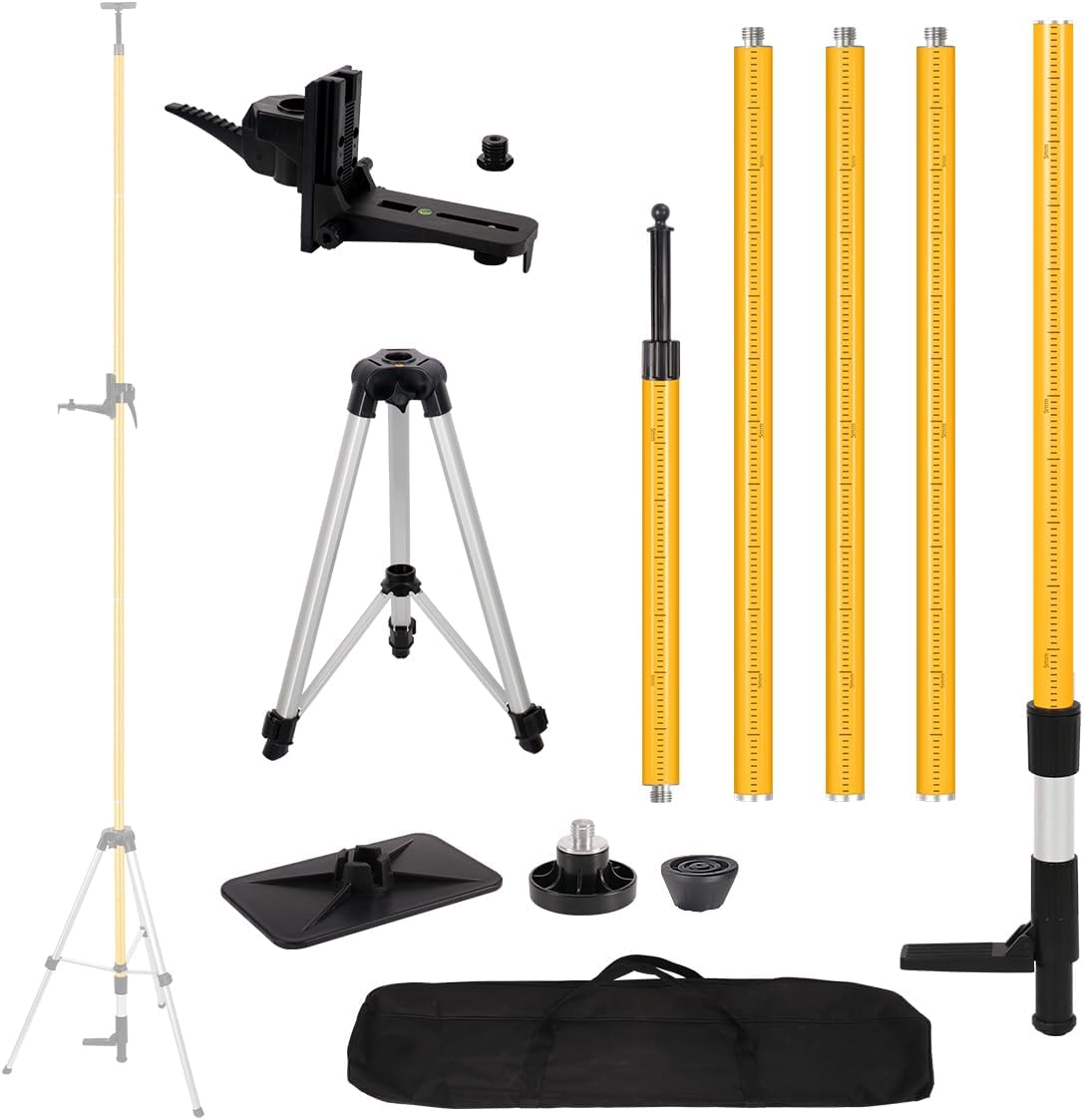 12 Ft./3.7M Professional Lasers Level Pole with Tripod, Adjustable Telescoping Pole for Leveling Tools, Multi-functional Fine-tuning Bracket with 1/4” and 5/8” Thread Adapters, Includes Carrying Bag