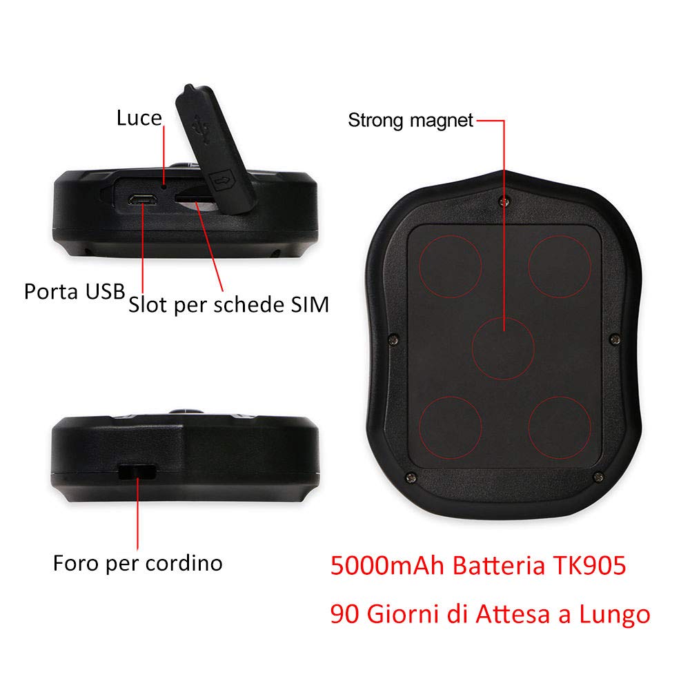 Localizzatore GPS professionale - Tracciamento in tempo reale impermeabile con allarme e APP gratuita - Localizzatore per camion, auto, moto, freezer, barca (5000 mah)