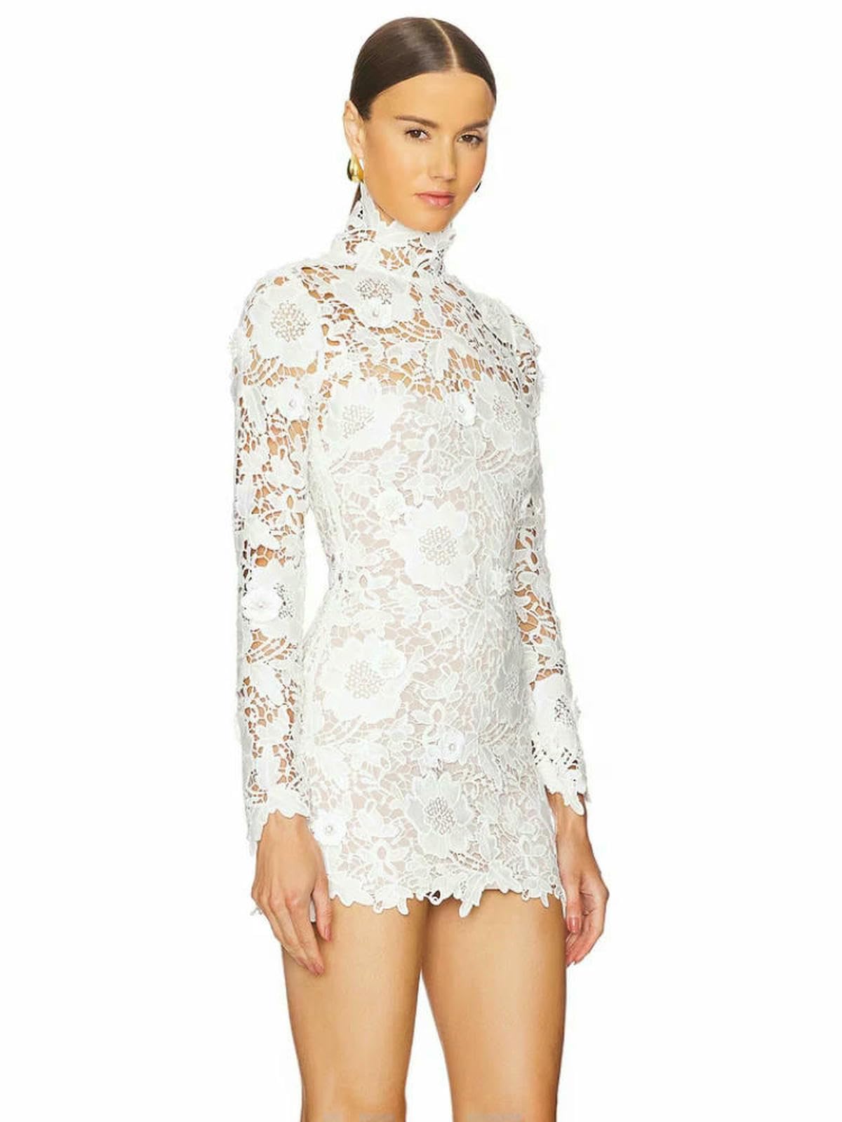Vestito Donna Turtleneck A Maniche Lunghe in Pizzo Mini Abito da Donna Abiti Floreali Bianchi Eleganti Abiti da Cocktail da Sera Eleganti-Bianco-l