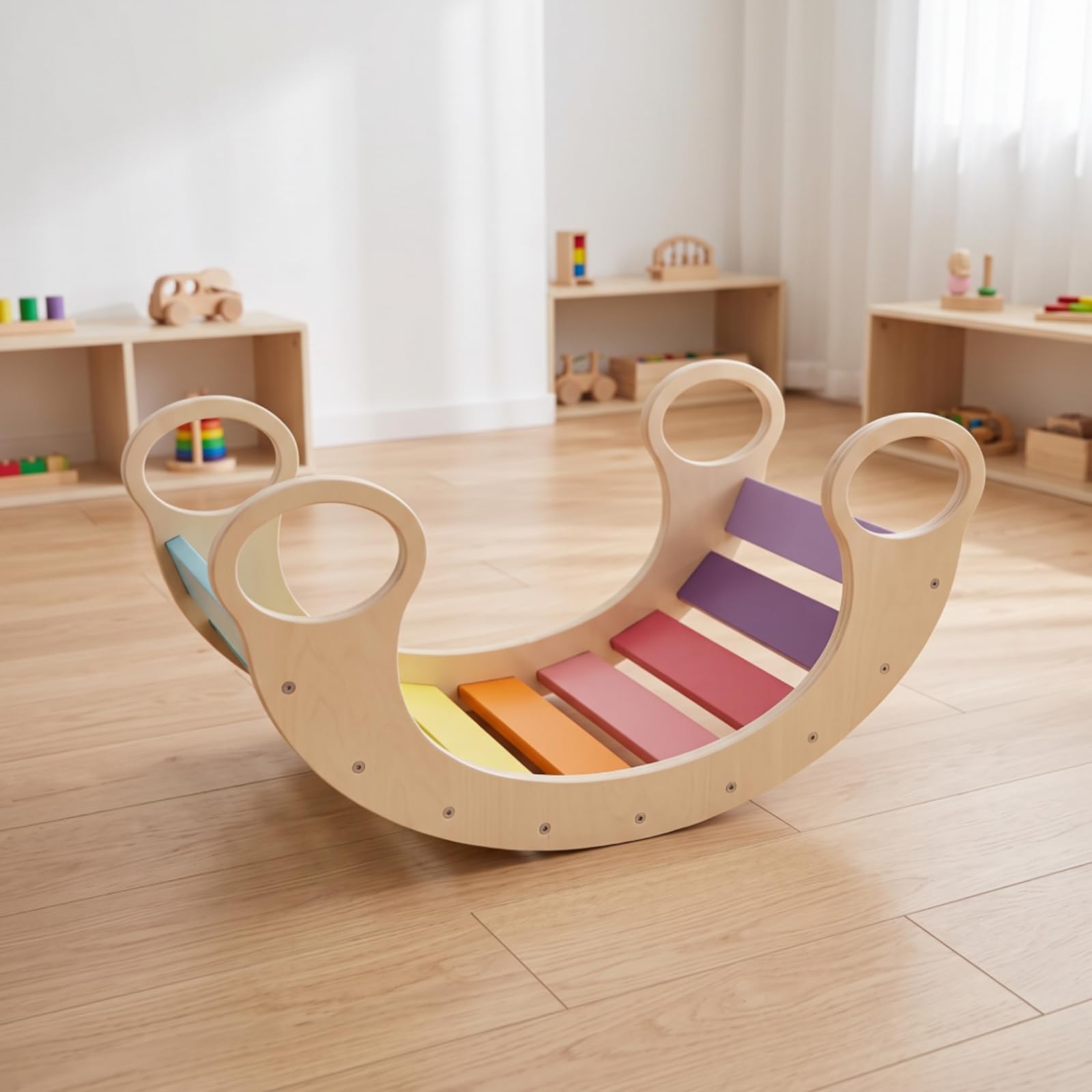 Children Balance Tavola Equilibrio Arco Arrampicata Dondolo Bambini Legno con Superficie a Doghe Facilita Presa E Scalata Sviluppo Motricità