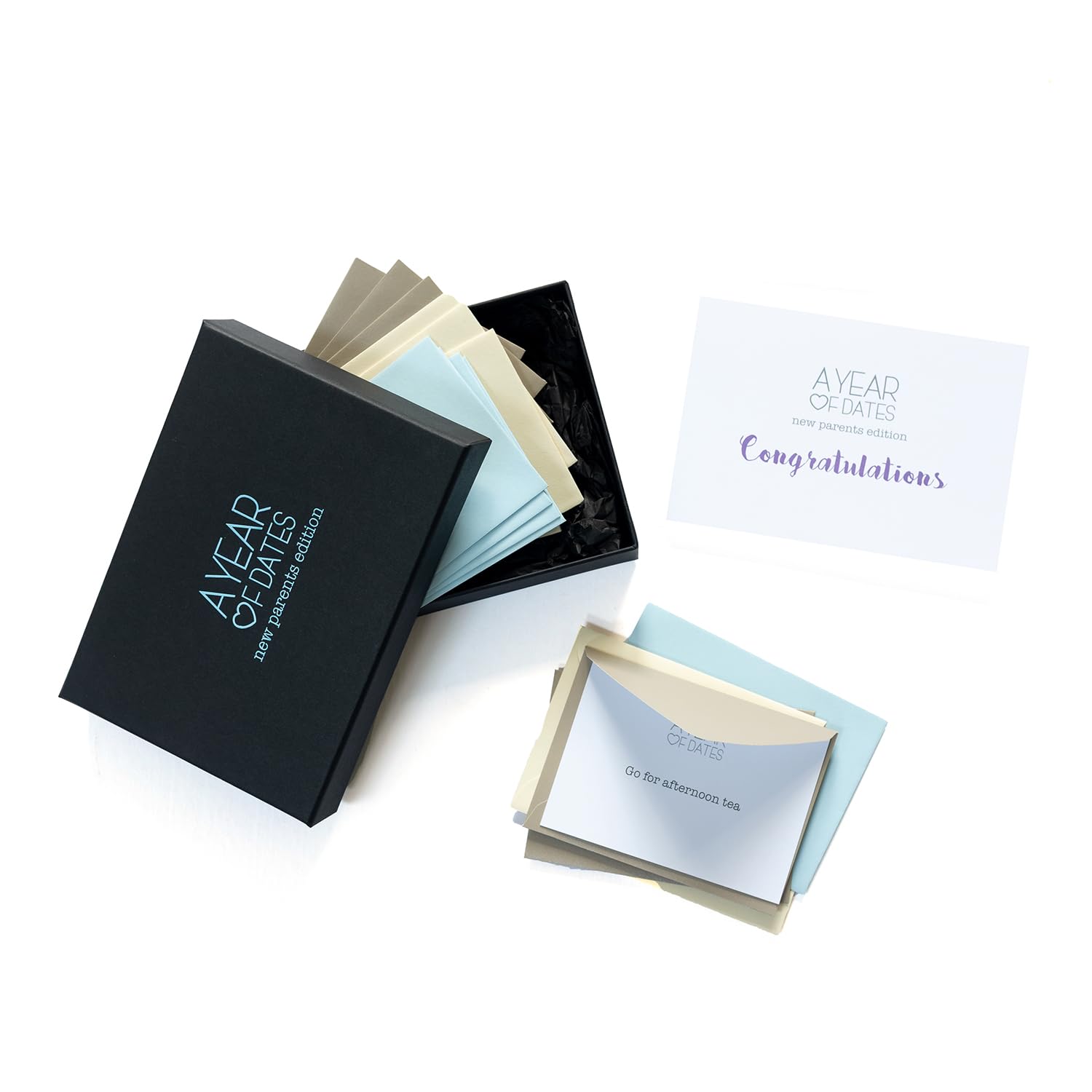 A Year Of Dates New Parents Gift Box in blue - 26 Activity Ideas for New Parents Including Date Night Ideas, Family Days Out & Adventures with Baby –Gifts for Couples with Kids