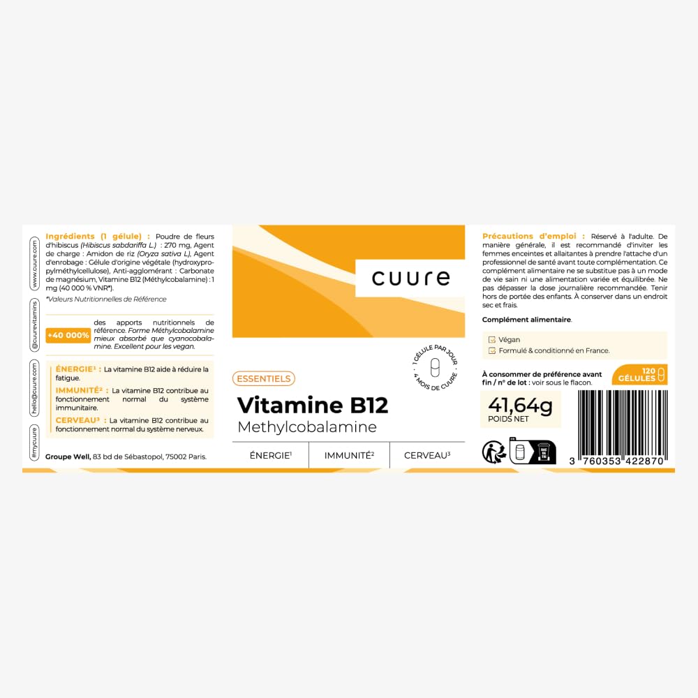 Vitamine B12 Vegan 1000 µg - CUURE - 120 Jours - Forme Méthylcobalamine Hautement Assimilable - Immunité, Anti-Fatigue & Système Nerveux - Fabriqué en France