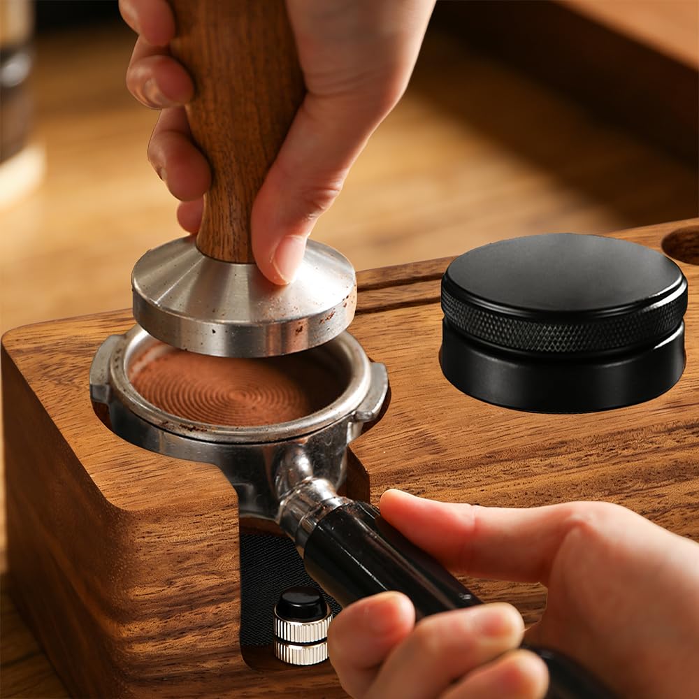 Estación de Prensado Café 58 mm de Madera de Nogal Estación de Apisonamiento Espresso para Portafiltros de 58 mm Accesorios de Barista, Altura Ajustable, con Almohadillas Antideslizantes