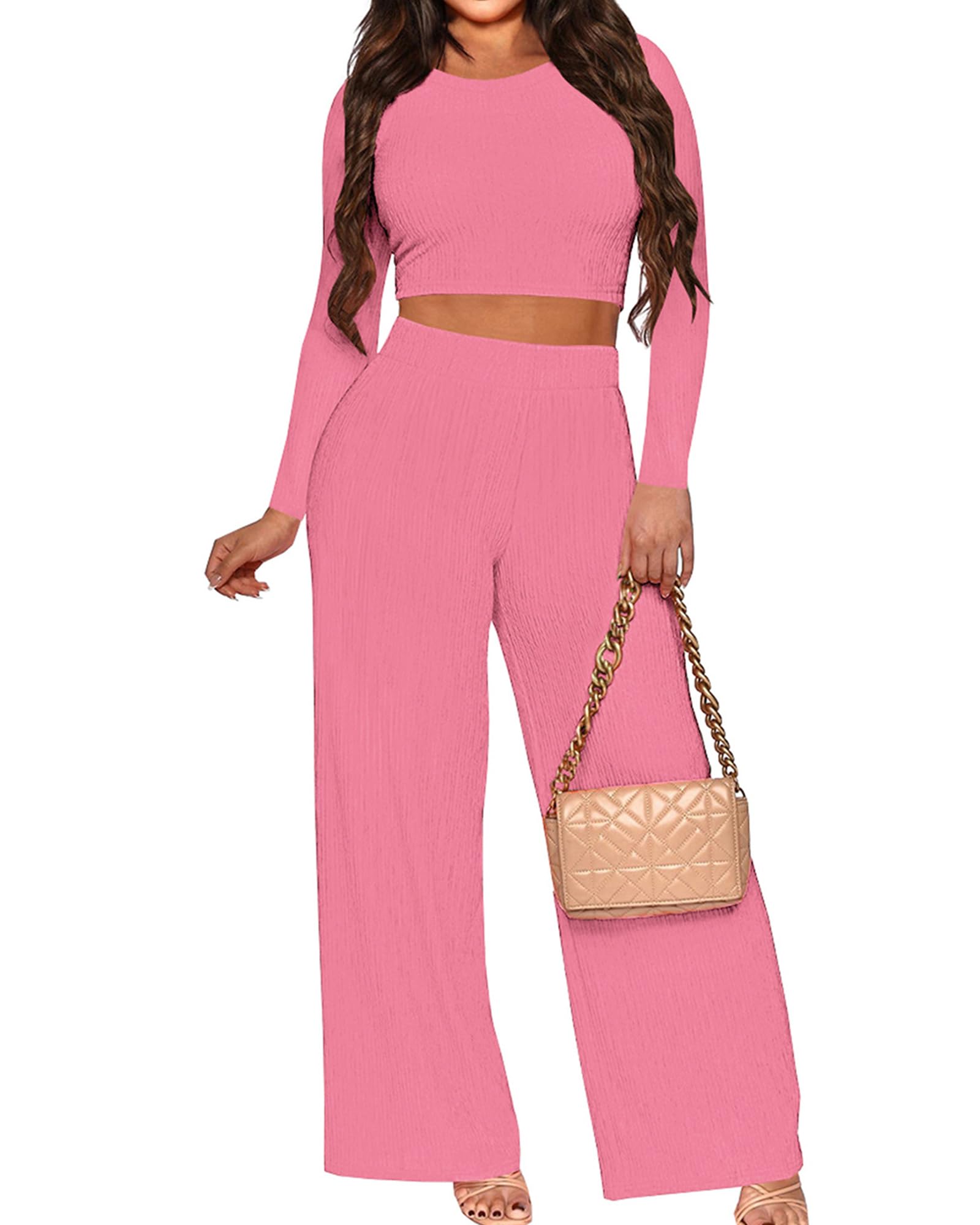 MOEENCN Women's 2 Piece Outfit Casual Lounge Set Comfy Rid Knit Crop Top and Flare High Waisted Pants Sweatsuit Tracksuit, Casual Set-pink, Medium