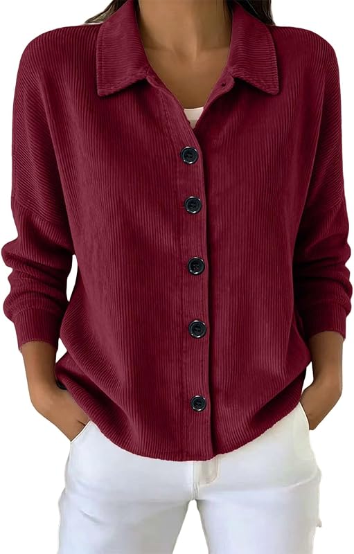 Women's Corduroy Button Up Collared V Neck Cardigan Sweater Top