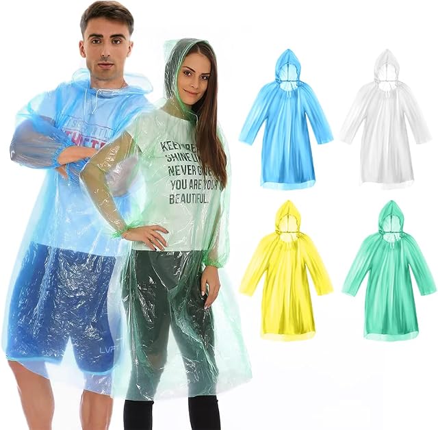 4 Pack Disposable Rain Poncho, Emergency Waterproof Rain Coat Poncho, Waterproof Ponchos Lightweight Rain Coats with Drawstring Hood- Adult Size(4 Colours)
