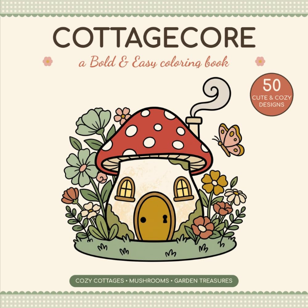 Cottagecore: A Bold & Easy Coloring Book: 50 Cute and Cozy Designs of Cottages, Mushrooms & Garden Treasures for Adults, Teens & Beginners