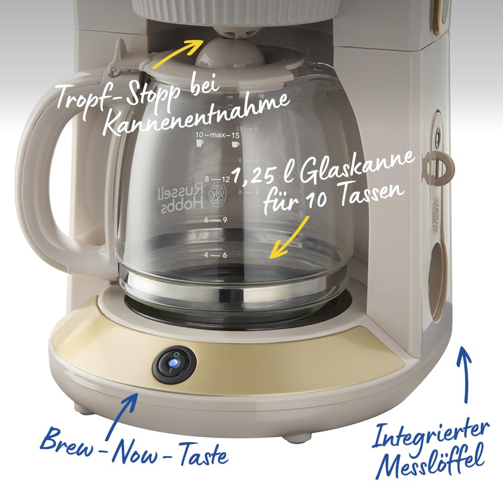 Russell Hobbs Filterkaffeemaschine [1,25L,1100W] Brontë Stone (WhirlTech-Brühtechnologie, Tropf-Stopp, Warmhalteplatte, Glaskanne, Wasserstandsanzeige, Pause & Gießen-Funktion) Kaffeemaschine 26781-56