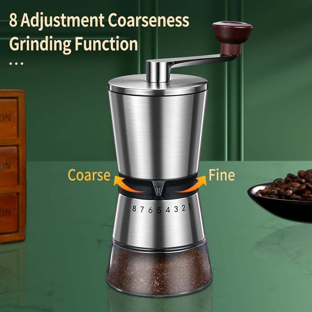 Manual Coffee Grinder - 8 Adjustable Coarseness Settings, Hand Crank Coffee Mill, Large Capacity, Portable Hand Coffee Grinder for Moka pot, French Press, Drip, Espresso, Gift