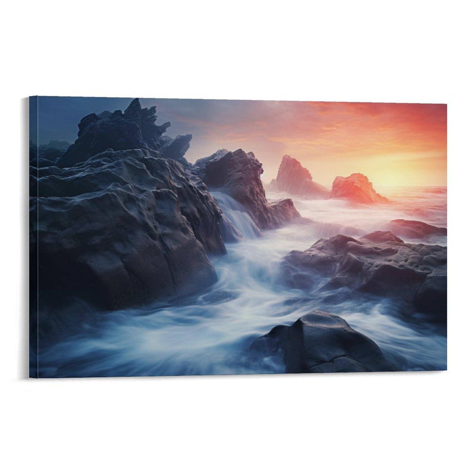 Euumkoo Framed Natural Seaside Canvas Wall Art, Coastal Rocks Modern Wave Sunset Picture Painting On Canvas, Print Poster Decoration Artwork For Home Living Room Bedroom Wall Decor Frame 12X18inch(30X45cm)