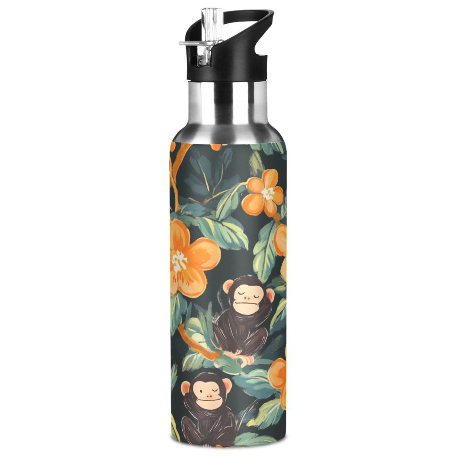 ALAZA Cute Monkeys Flowers 20oz Water Bottle with Straw Lid,Insulated Stainless Steel Water Flask for Women Men Sports Gym Camping Outdoor