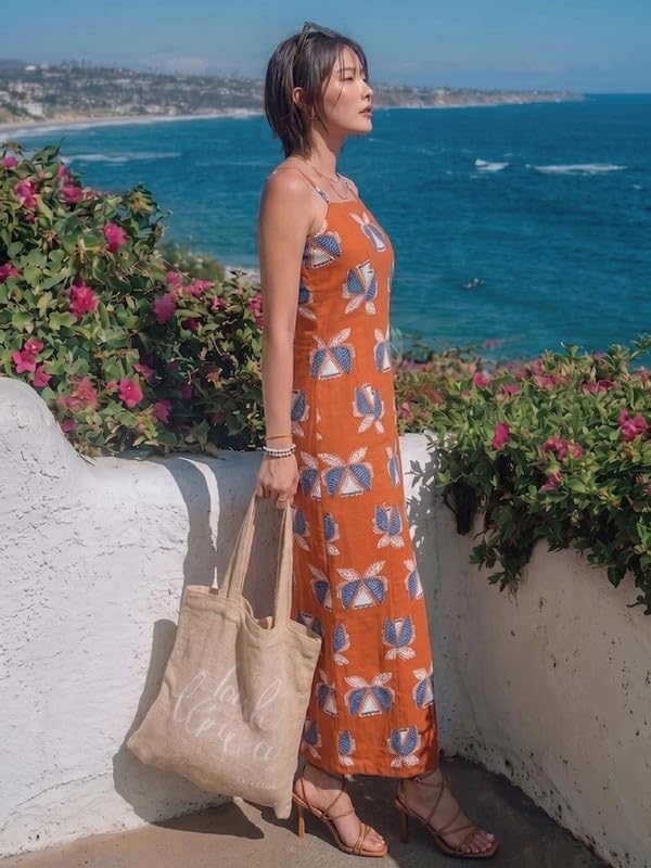 Image of Varanga Women's Rust Orange Batik Print Cotton Maxi Dress with Lace-Up Back