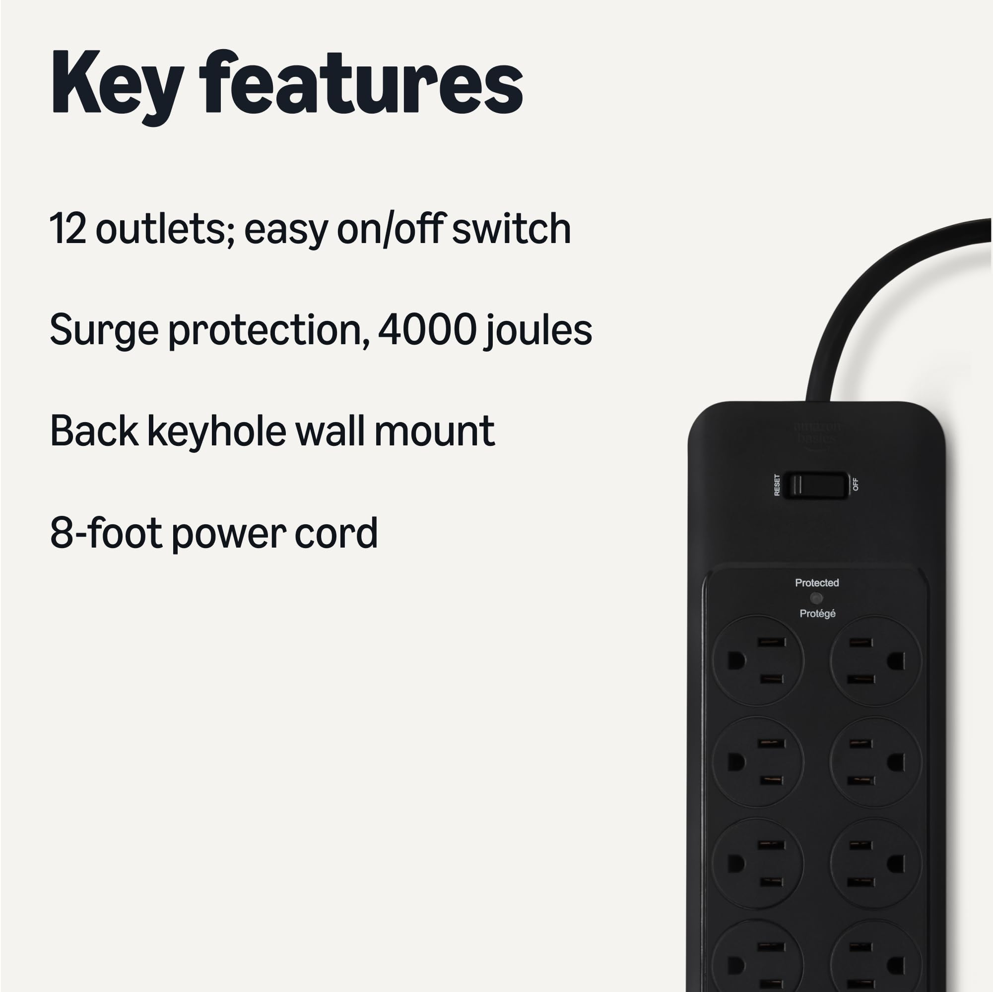 Amazon Basics Surge Protector Power Strip, 12-Outlet, 4000 Joules, 8ft Extension Cord, Rectangle, for Home, Office, Gaming Room, Black
