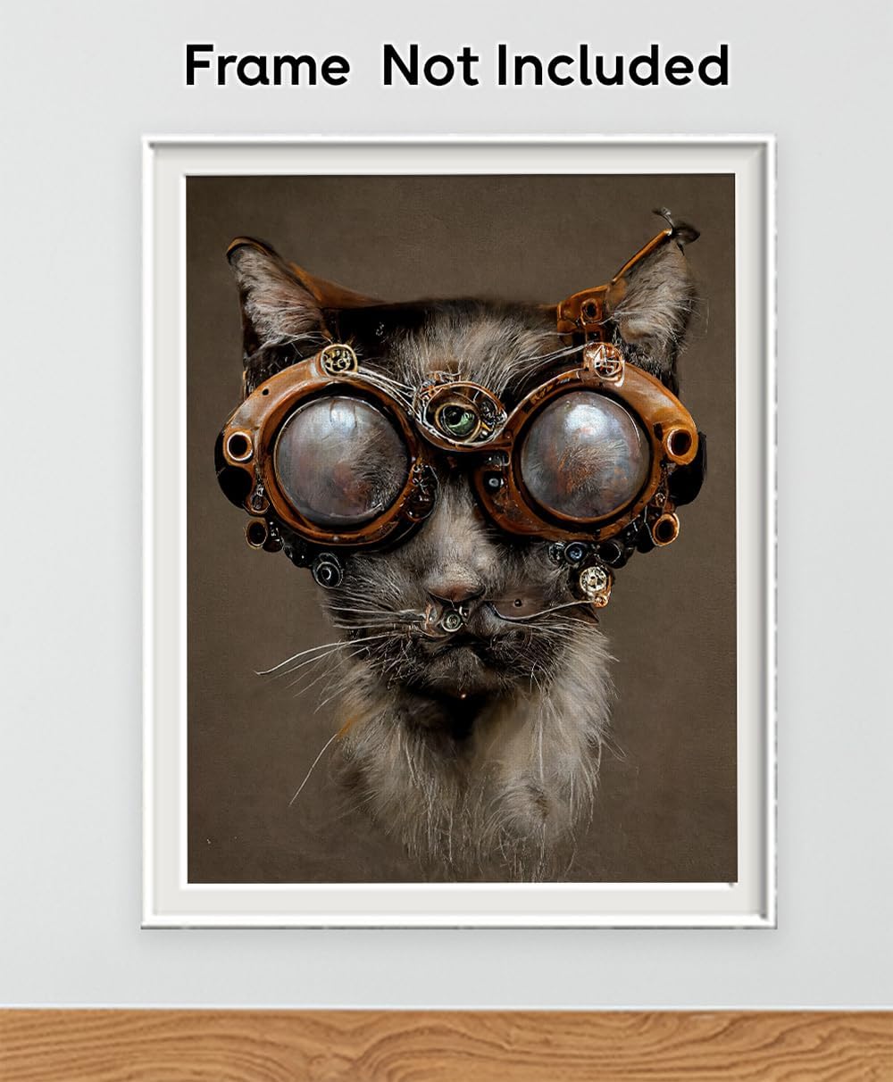 Steampunk Cat Wearing Goggles 28x36 Unframed Print – Lifelike Yet Surreal Appearance, Industrial Retro-Futuristic Look, Cyberpunk Aesthetic, Sci-Fi Fantasy Feline Wall Print, Gift for Cat Owners