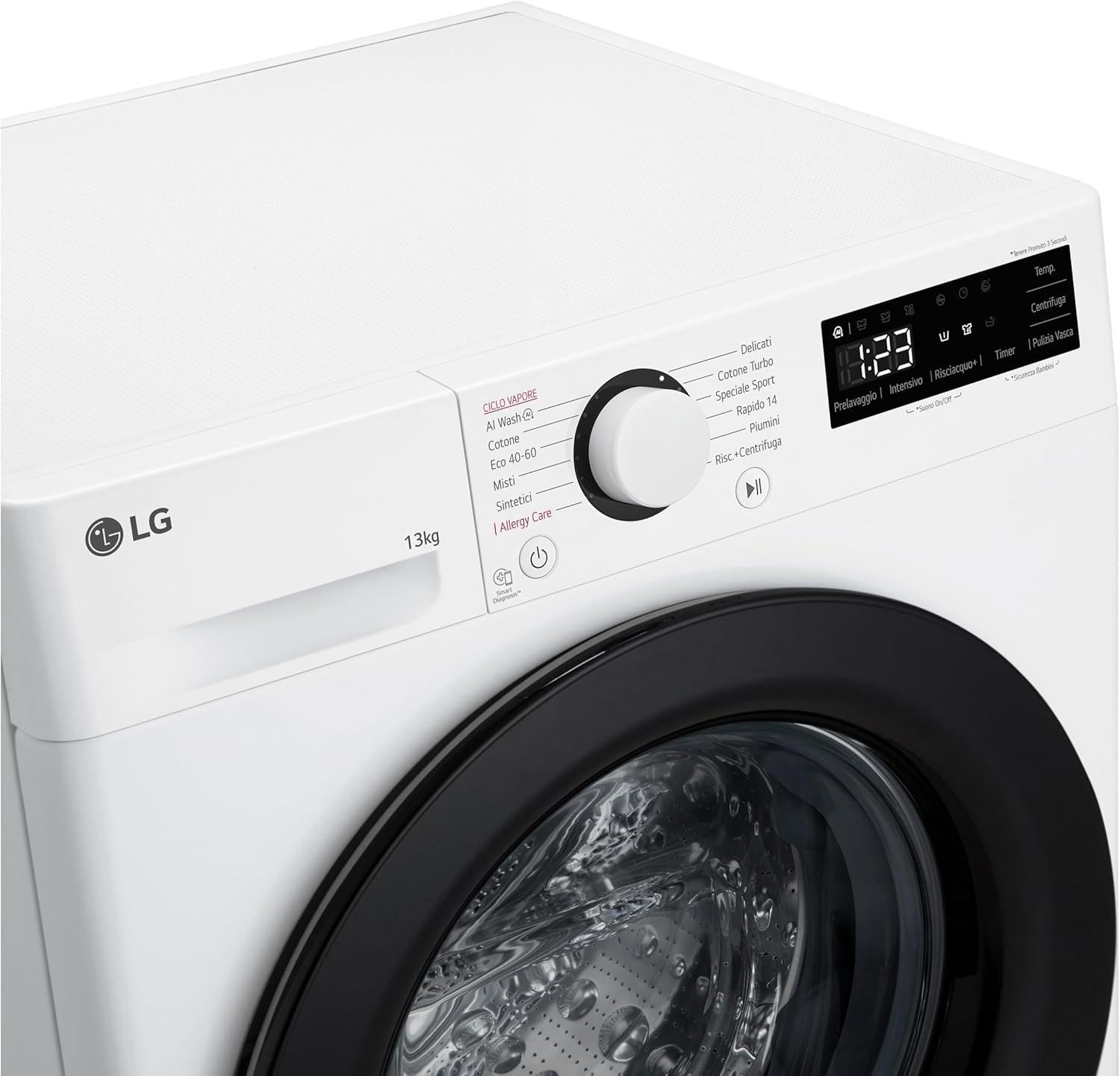 LG AI DD F4R3013NSWB Lavatrice a Carica Frontale 13kg Serie R3, Classe A-20%, 1400 giri, AIWash, Lavaggio a vapore, Motore Direct Drive, Cestello a bolle, Smart Diagnosis, Libera installazione, Bianca
