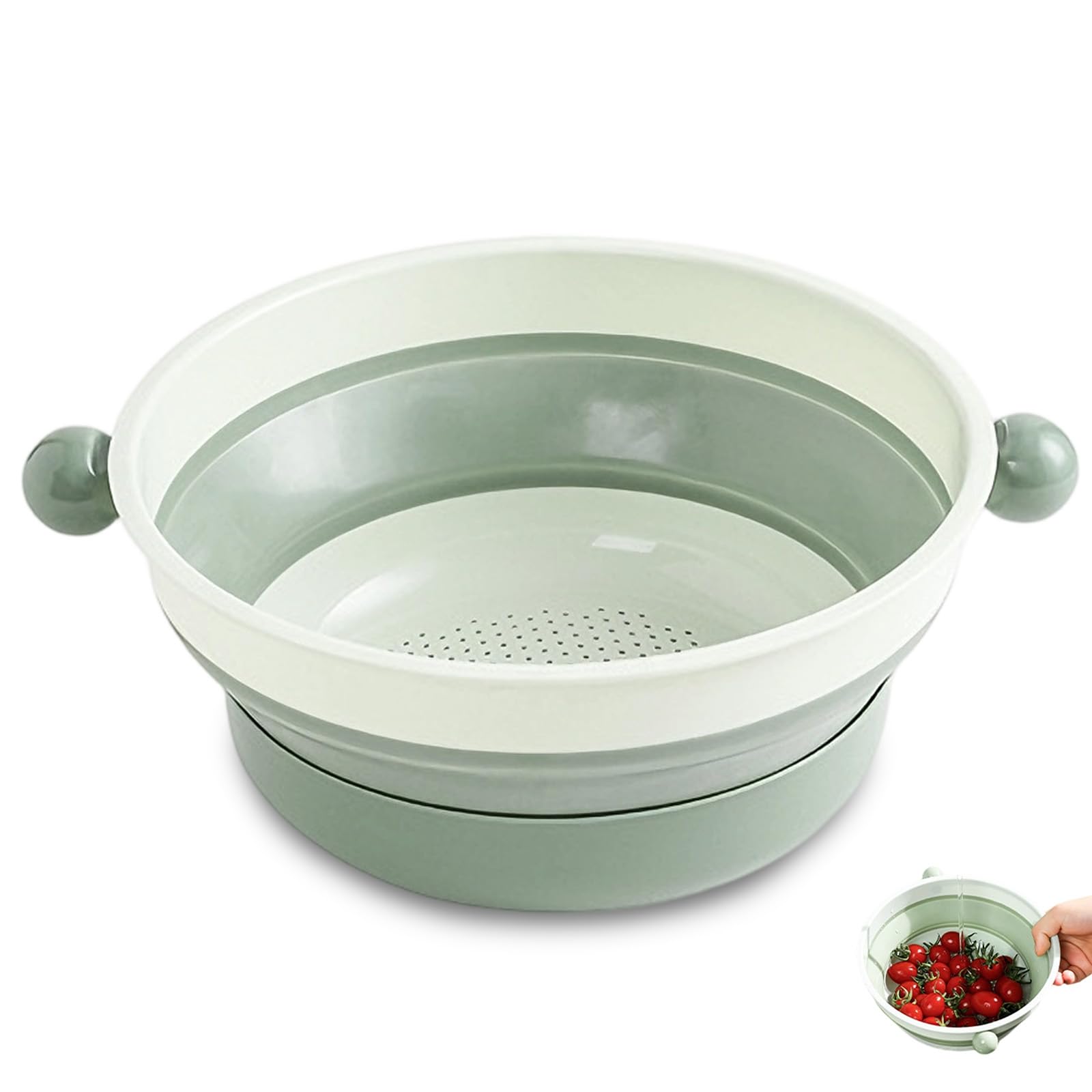 Green Mini Collapsible Colander, Small Rice Strainer for Single & Small Households, Colander Plastic with Fine Washing Holes, Foldable Food Strainer with Base for Berries & Noodles