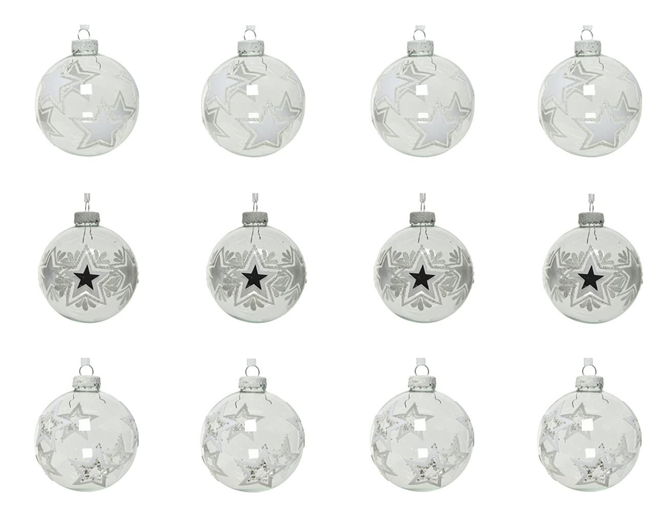Decoris Bolas de Navidad de cristal con motivos de estrellas, 8 cm x 12 unidades, color blanco transparente