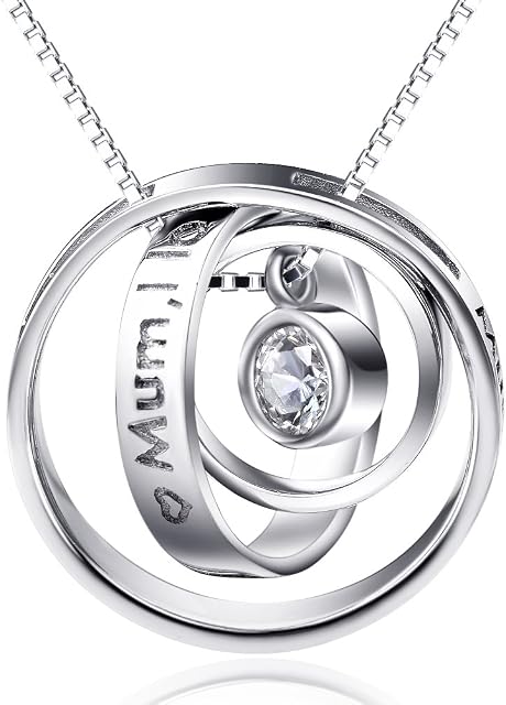 Gifts for Mum Sterling Silver Engraved Three Ring Pendant Necklace Jewellery for Mum