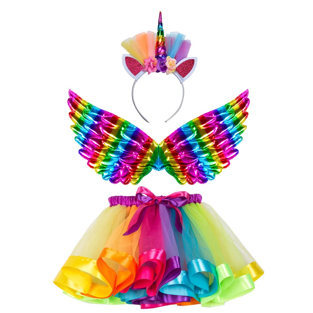 ZJstyle Girls Fairy Costume Set Princess Tutu Skirt Fairy Magic Butterfly Wings Dress Up Fantasy Costume Play with Butterfly Wings, Magic Wand and Headband Set for 3-8 Years Girls (Rainbow)