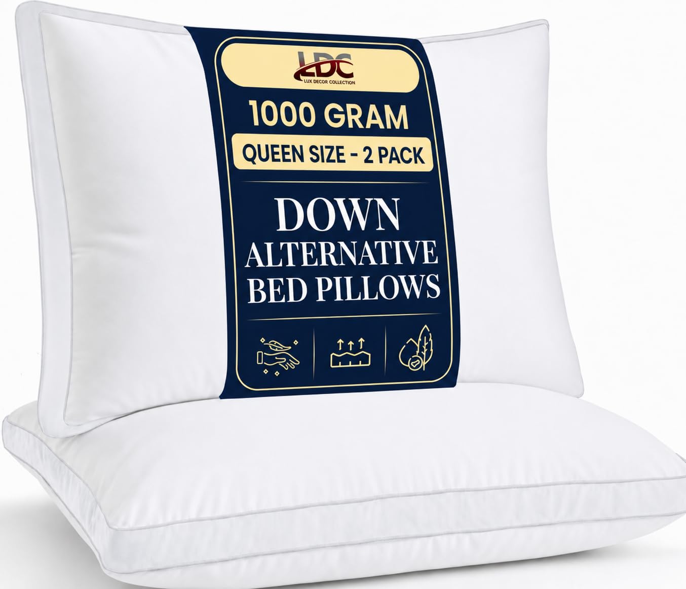 Queen Size Bed Pillows Set of 2, Down Alternative Gusseted, White, 26x18
