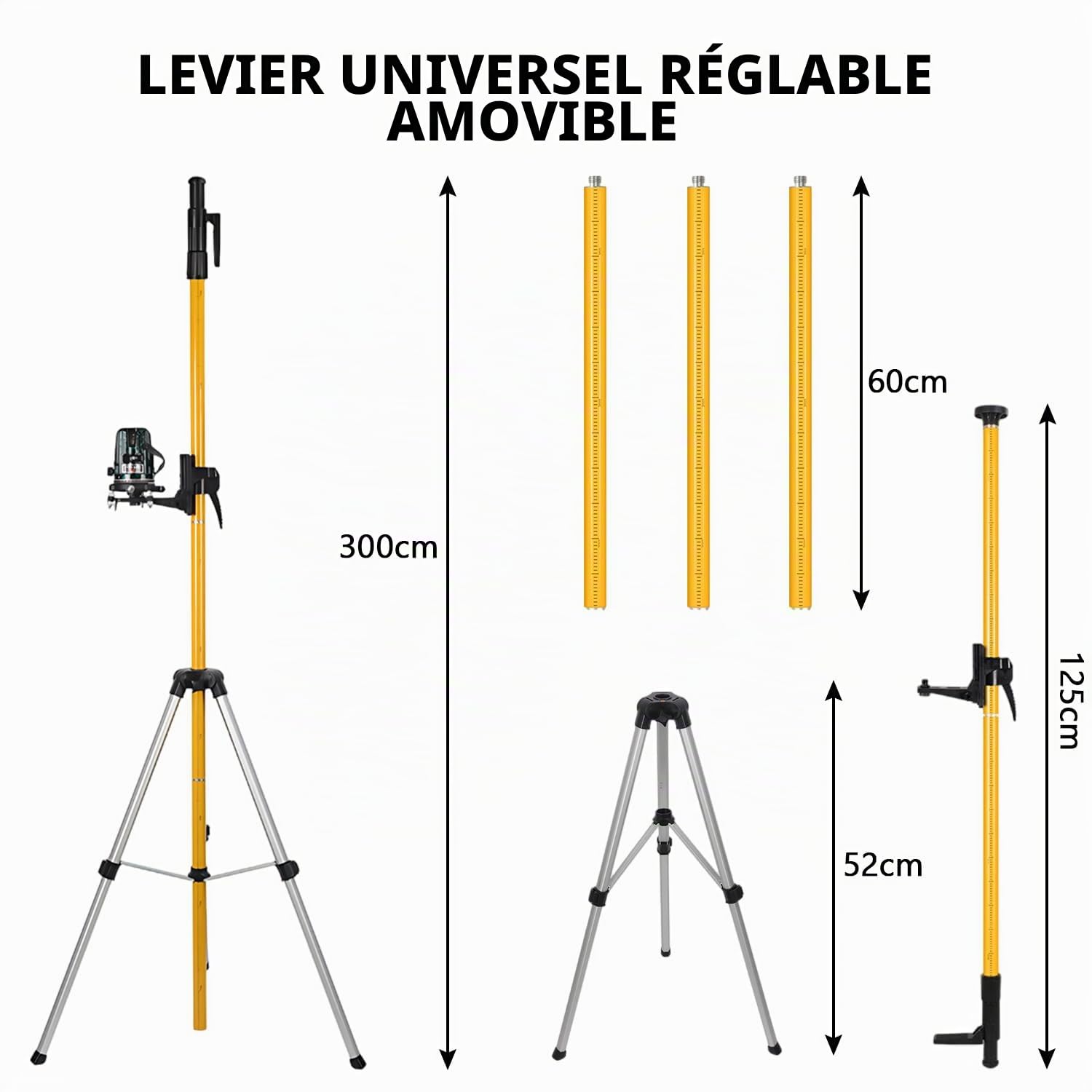 Perche Télescopique 3m/10ft, Trepied Laser avec Réglage Hauteur, Tige Telescopique Niveau Laser 360° Rotation, Support Niveau Laser avec Filetage ExtéRieur 1/4" et Adaptateur de Filetage 5/8"