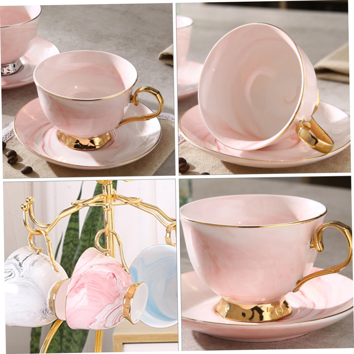 Taza de con Diseño Mármol Estilo Nórdico con Platillo Rojo y Mango Dorado para Café y Leche Reuniones y Regalo