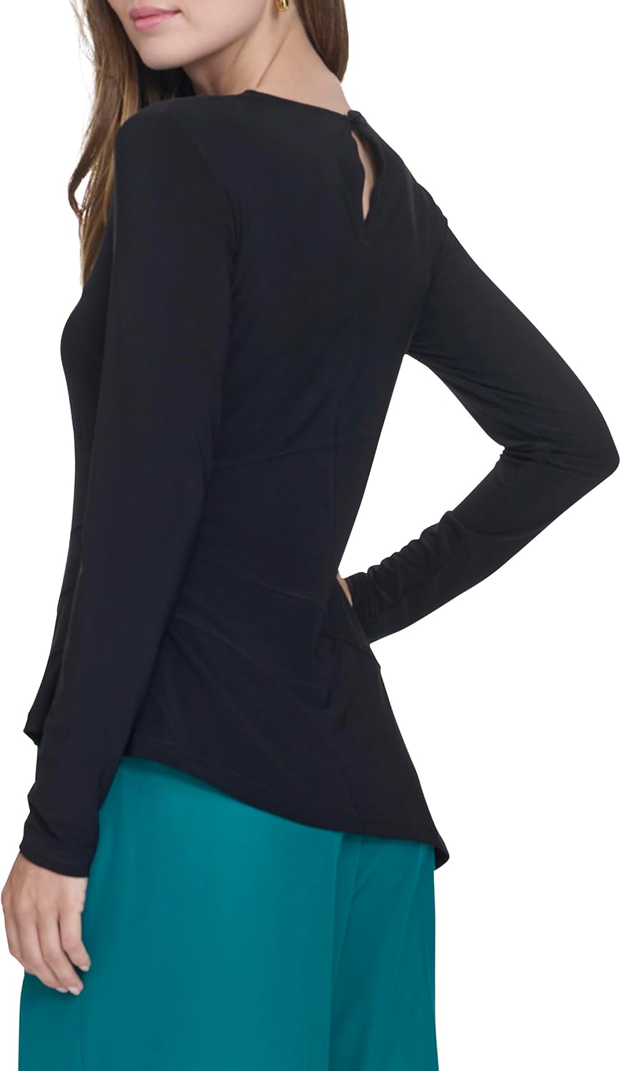 Halston Women's Aysmetrical Hem Seemed Long Sleeve Jersey Knit