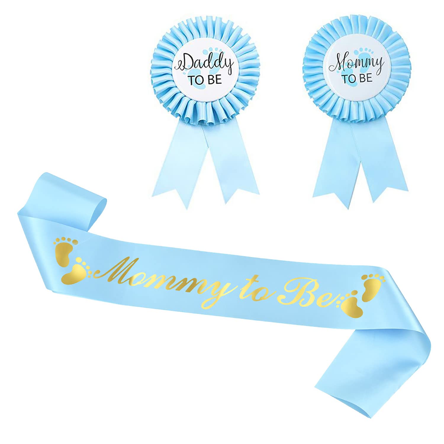 Baby Shower Sash and Badge for Boy - 'Mommy to Be' Sash and 'Daddy to Be' Pin Set, Baby Shower Decorations Sash, Ideal Gift for Gender Reveal/Baby Shower
