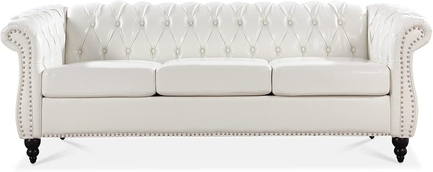 Chesterfield Faux Leather Sofa, 3 Seater Button Tufted Couch with Nailhead Trim and Rolled Arms for Living Room Office Apartment White