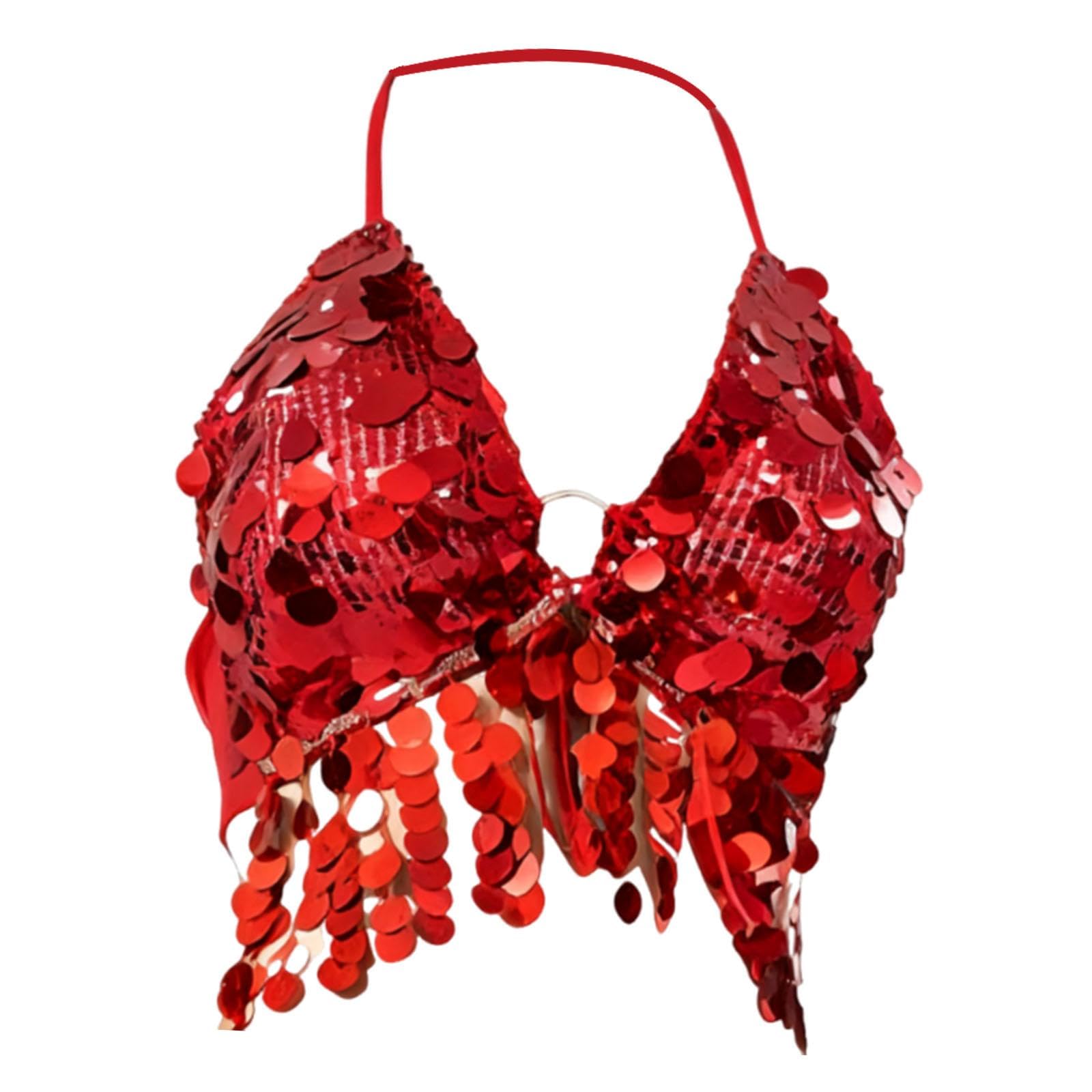 Sequin Bra Tassel Top Sequin Crop Tops for Beach Festival Party Performances Red|Clothing, Shoes & Accessories|Dancewear|Adult Dancewear|Belly Dancing-image-14