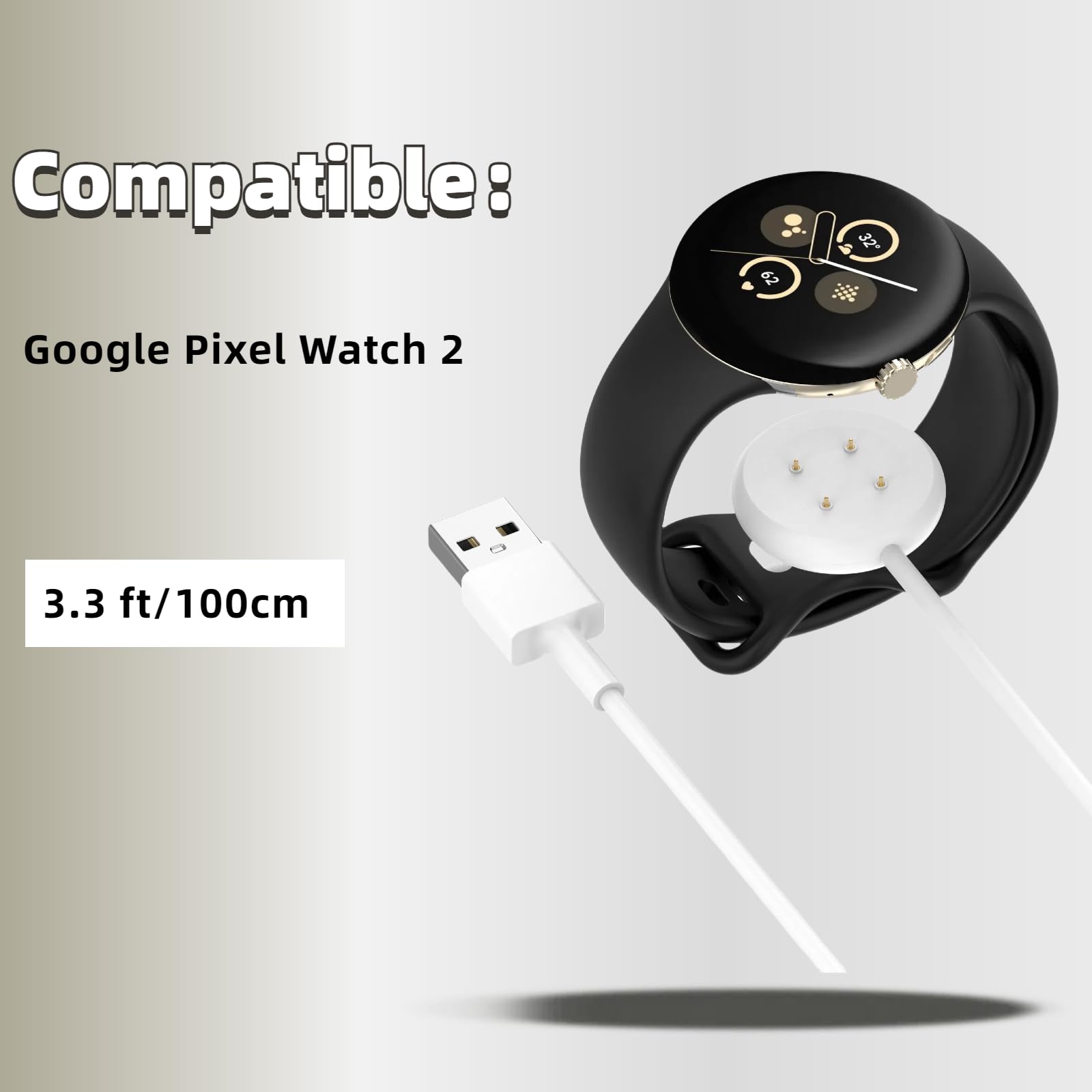 QHBAMD Charger Cable Compatible for Google Pixel Watch 2, USB-A Replacement Magnetic Charging Smartwatch Cable 3.3ft/1M White