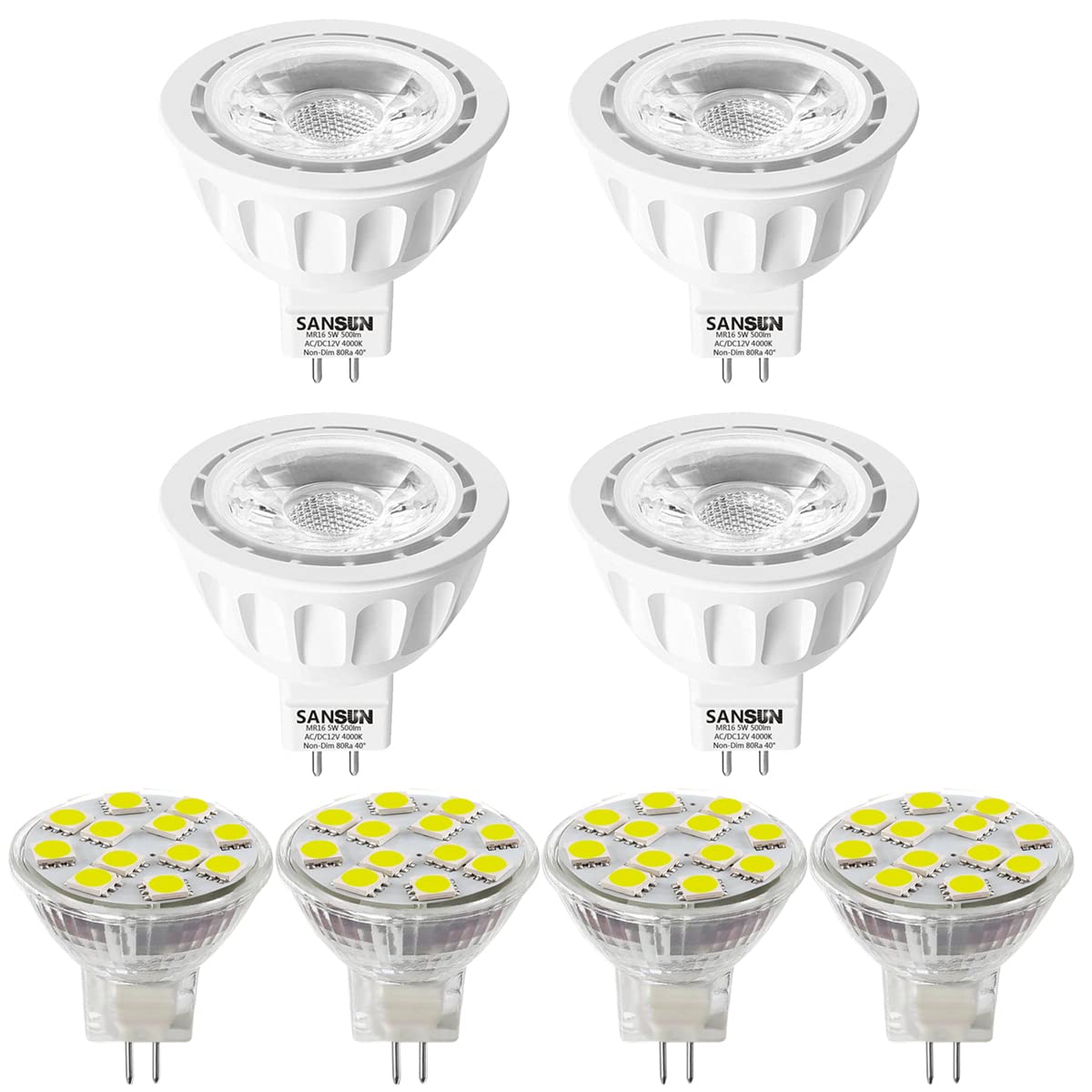 SANSUNLandscape LED Bulbs, Bundle with 4pcs 5W MR16 and 4pcs 2.4W MR11 for 12V Low Voltage Indoor/Outdoor Landscape Lighting, Non-Dimmable