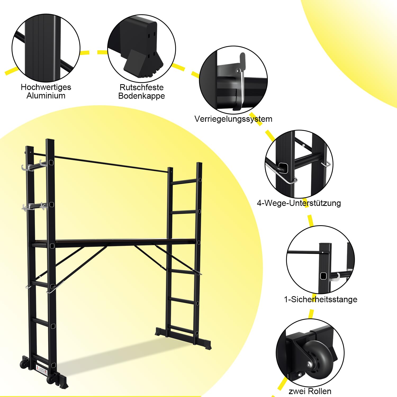 Fiqops Gerüst, 4-in-1 Alu Gerüst max 276cm,Bis zu 150 kg belastbar,vielseitiges Baugerüst,fahrbare Arbeitsbühne und 2 Rollen,Gerüstleiter,Rollgerüst,2x6 Sprossen,Schwarz