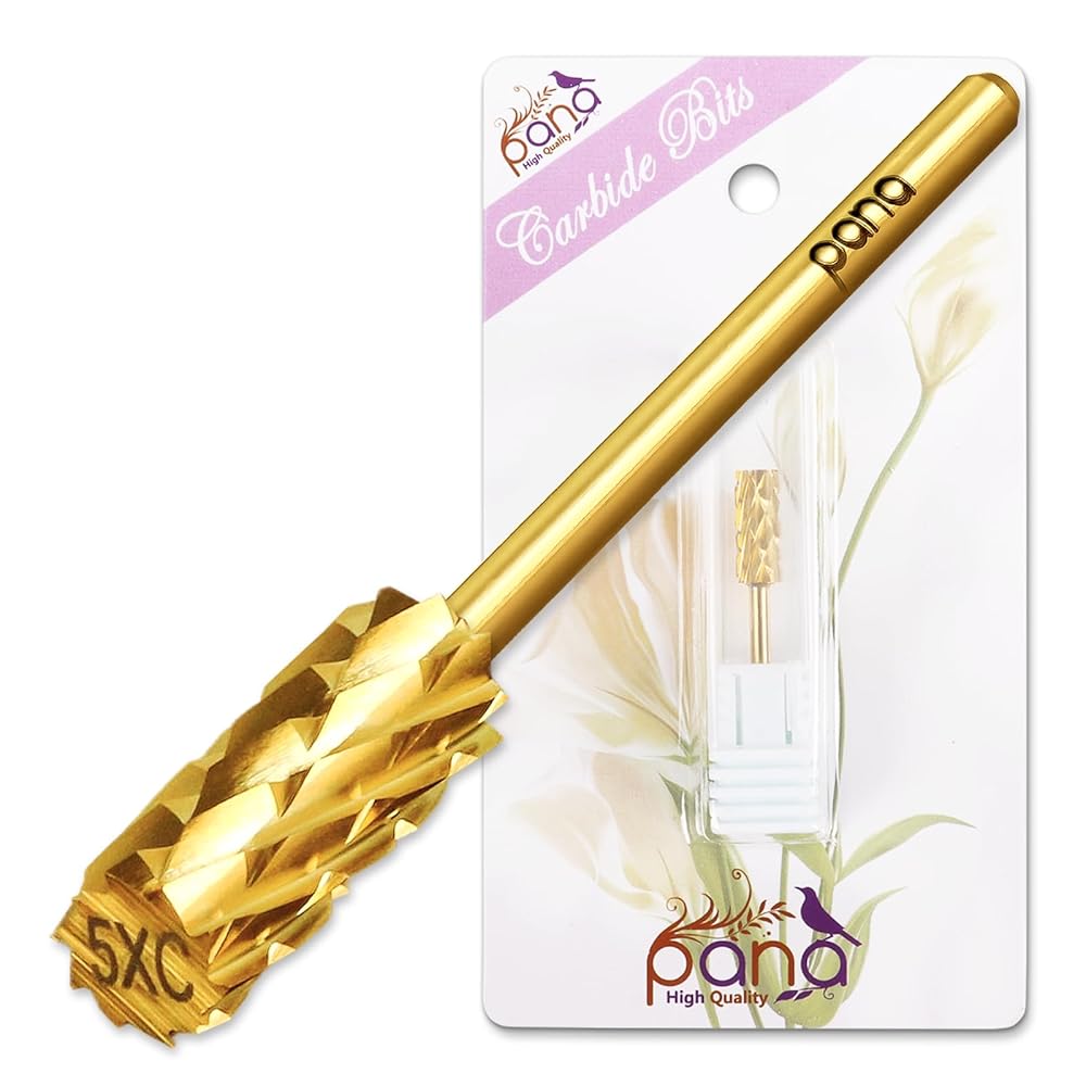 PANA Flat Top Small Barrel 3/32 Shank Size - (Gold, 5X Coarse Grit) - Fast remove Acrylic or Hard Gel Nail Drill Bit for Manicure Pedicure Salon Professional or Beginner