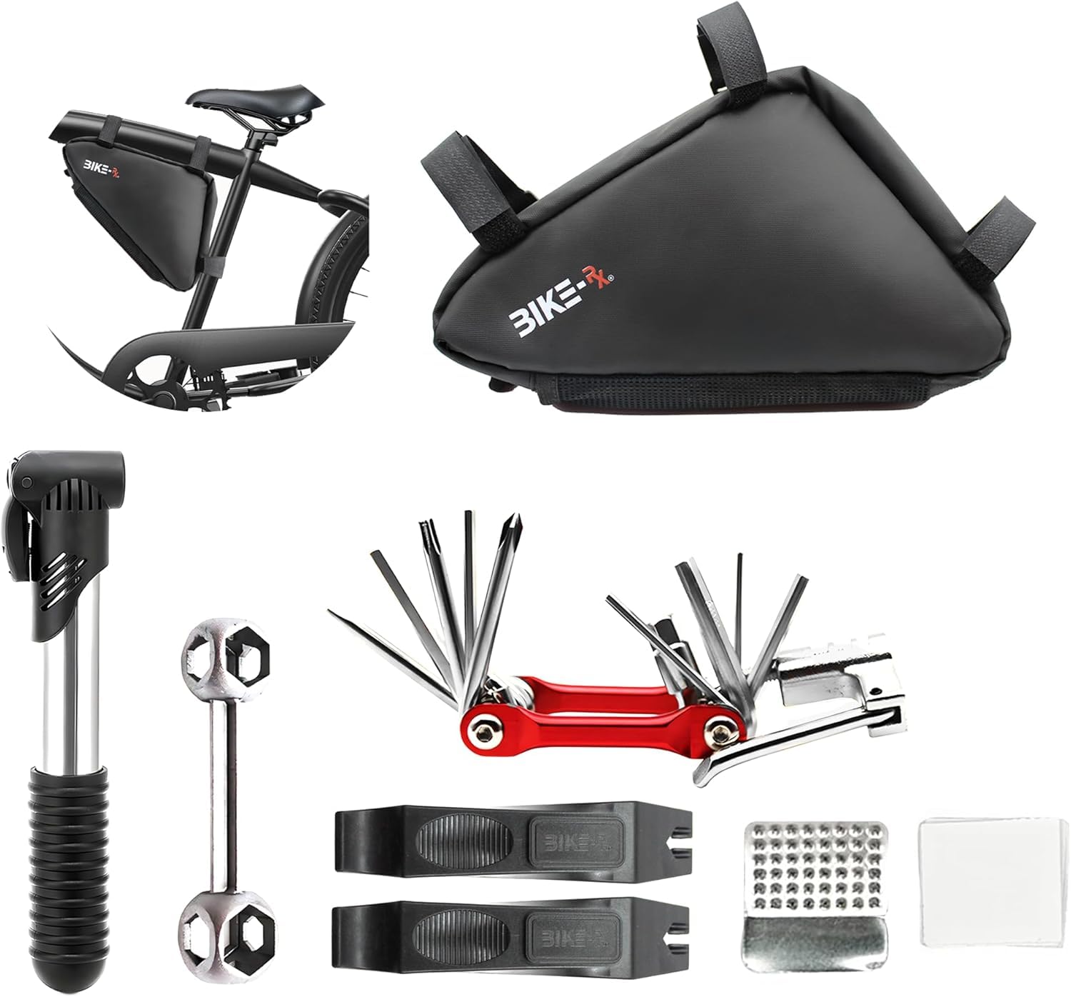 Kit portátil de reparación de bicicletas, juego de herramientas de bicicleta con multiherramienta, mini bomba de 120 PSI, palancas de neumáticos y parches, herramientas de mantenimiento de bicicletas