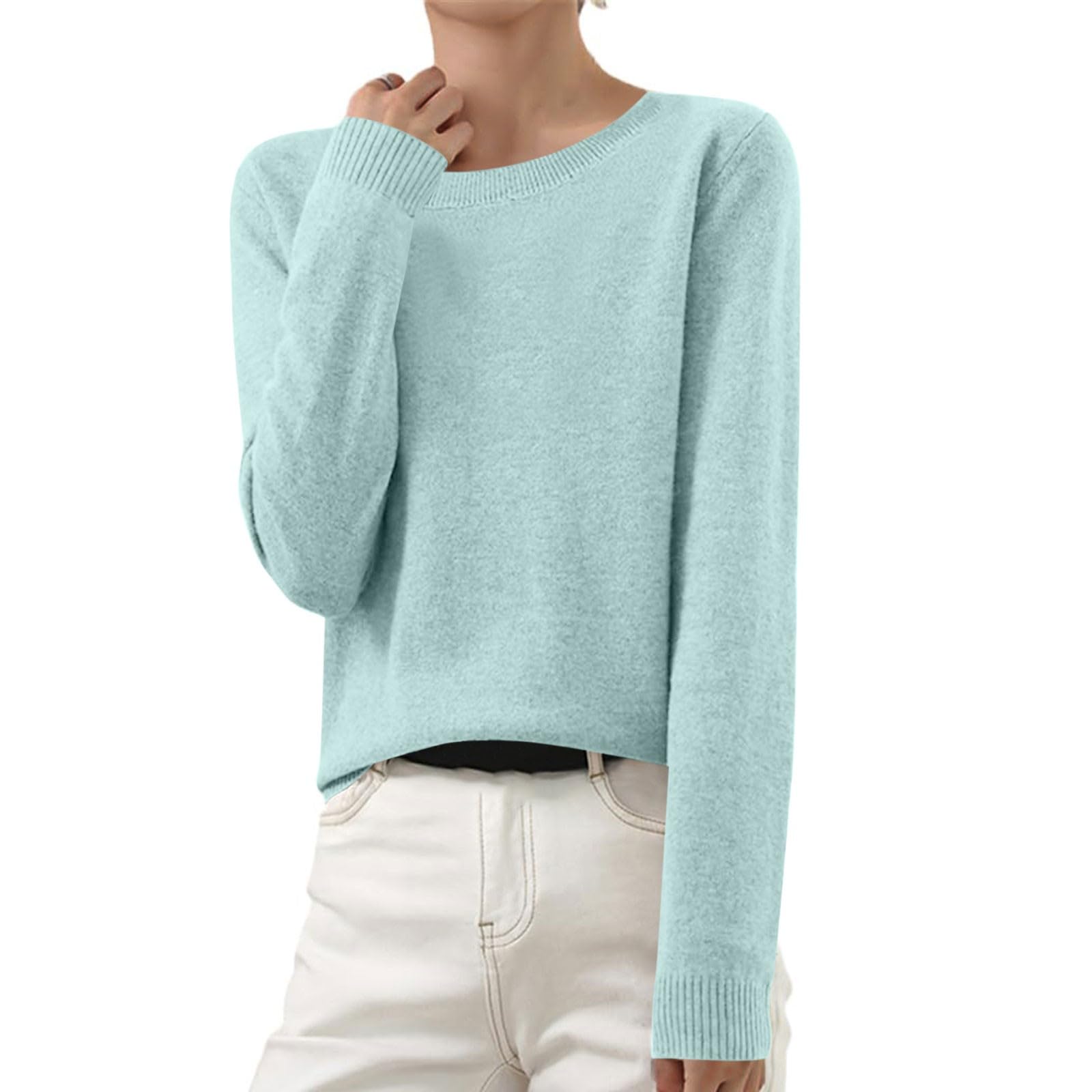 Womens Basic Fall Sweaters Crew Neck Long Sleeves Solid Sweater Winter Casual Loose Lightweight Pullovers Tops