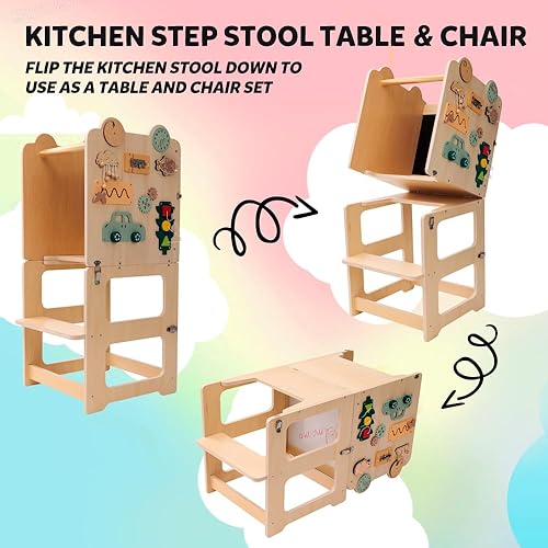 Miniatura 5 de bedmoimo Taburete de cocina para niños con barandilla de seguridad, construcción de madera maciza para niños pequeños, taburete de cocina Montessori