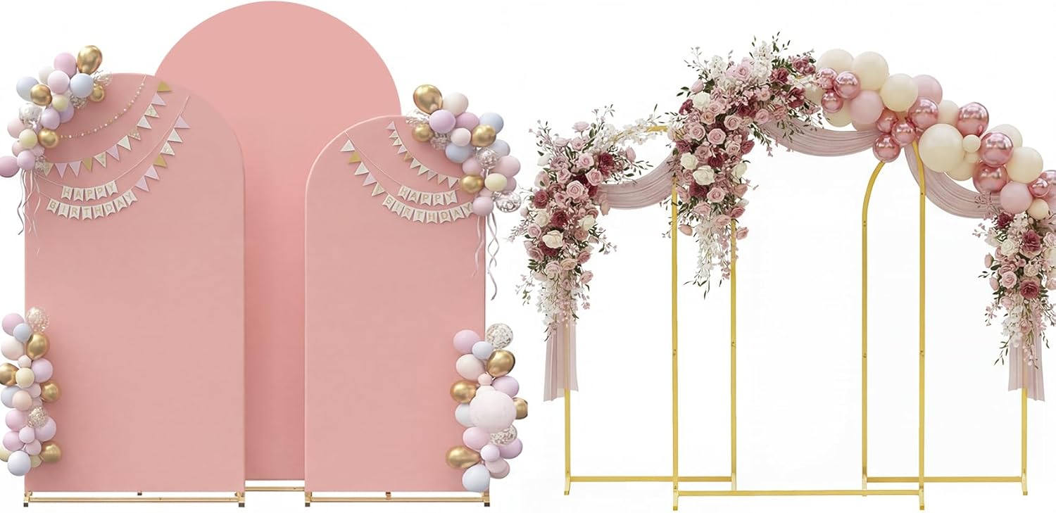 Toolterritary Set of 3 Metal Arch Backdrop Stand with Cover Set, (7.2FT, 6.6FT, 6FT Wedding Arch and Cover Set), Backdrop Arch for Party, Baby Shower, Birthday, and Graduation Ceremony