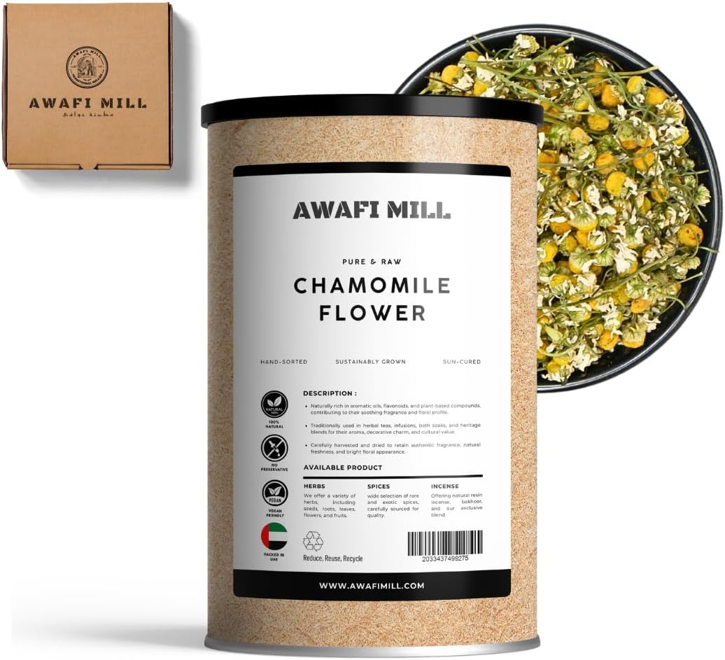 AWAFI MILL Chamomile Flowers (Food-Grade) | Matricaria chamomilla Buds for Herbal Tea | Apple-Like Floral Aroma | Naturally Caffeine-Free - 100 g | 3.5 Oz