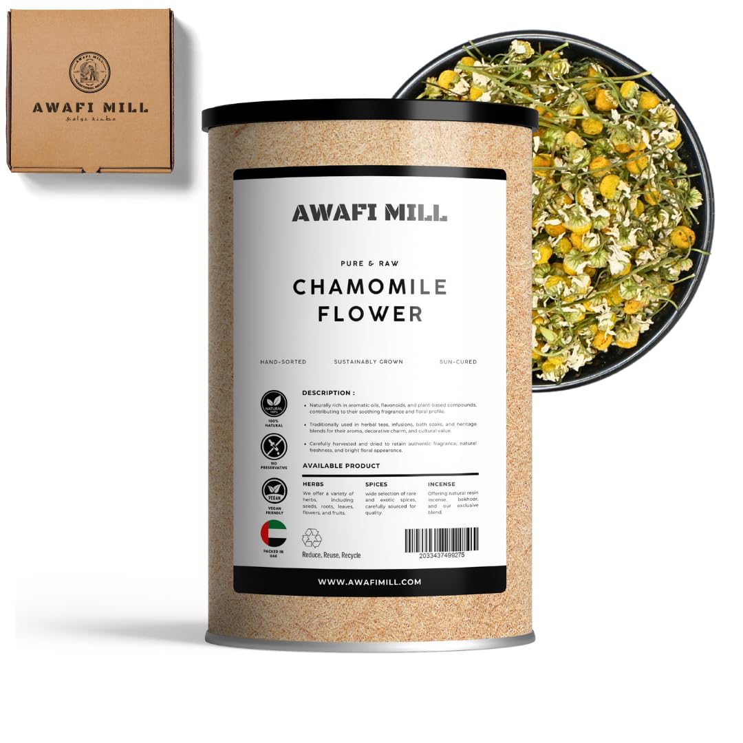 AWAFI MILL Chamomile Flowers (Food-Grade) | Matricaria chamomilla Buds for Herbal Tea | Apple-Like Floral Aroma | Naturally Caffeine-Free - 100 g | 3.5 Oz