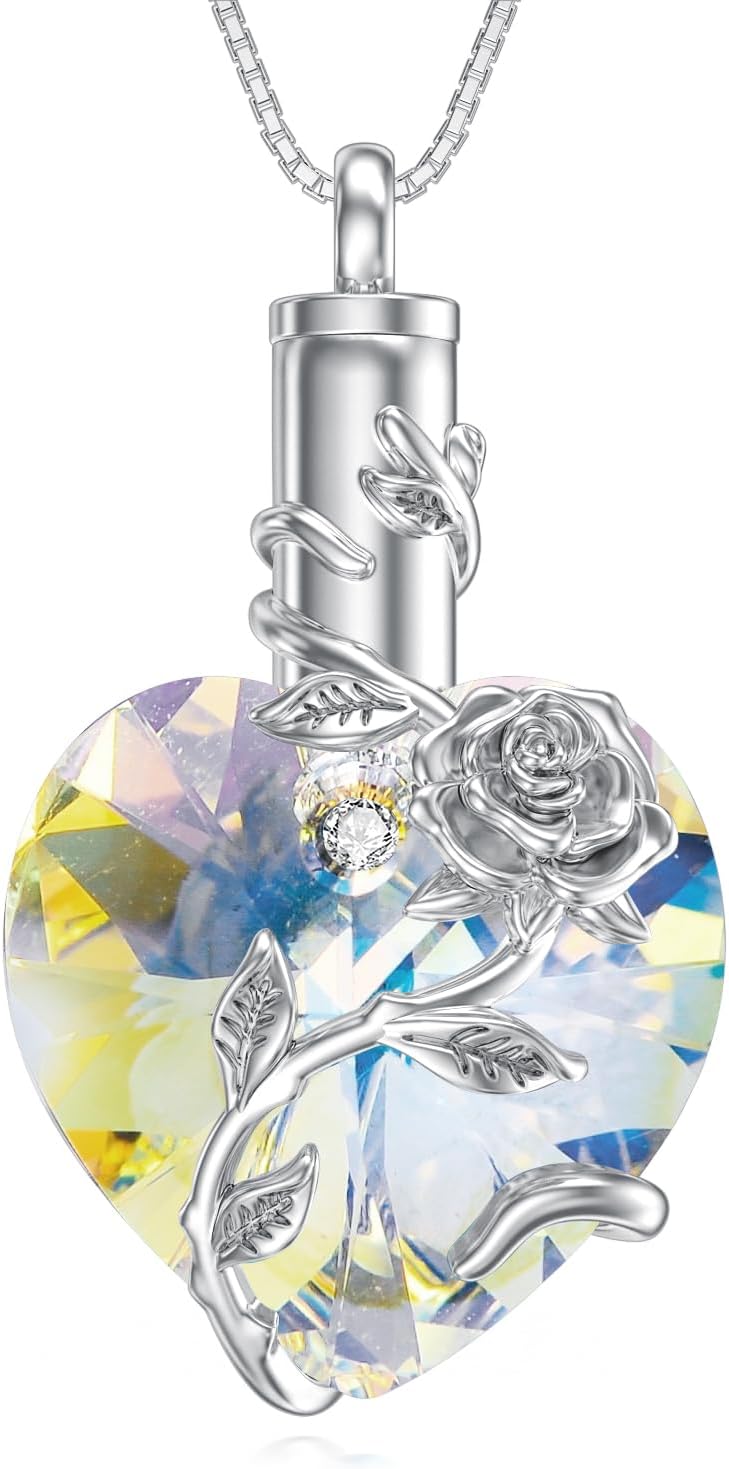 OCJ Heart Rose Flower Urn Necklace for Ashes Women Birthstone Cremation Necklaces Sterling Silver Memorial Cremation Jewelry Gifts