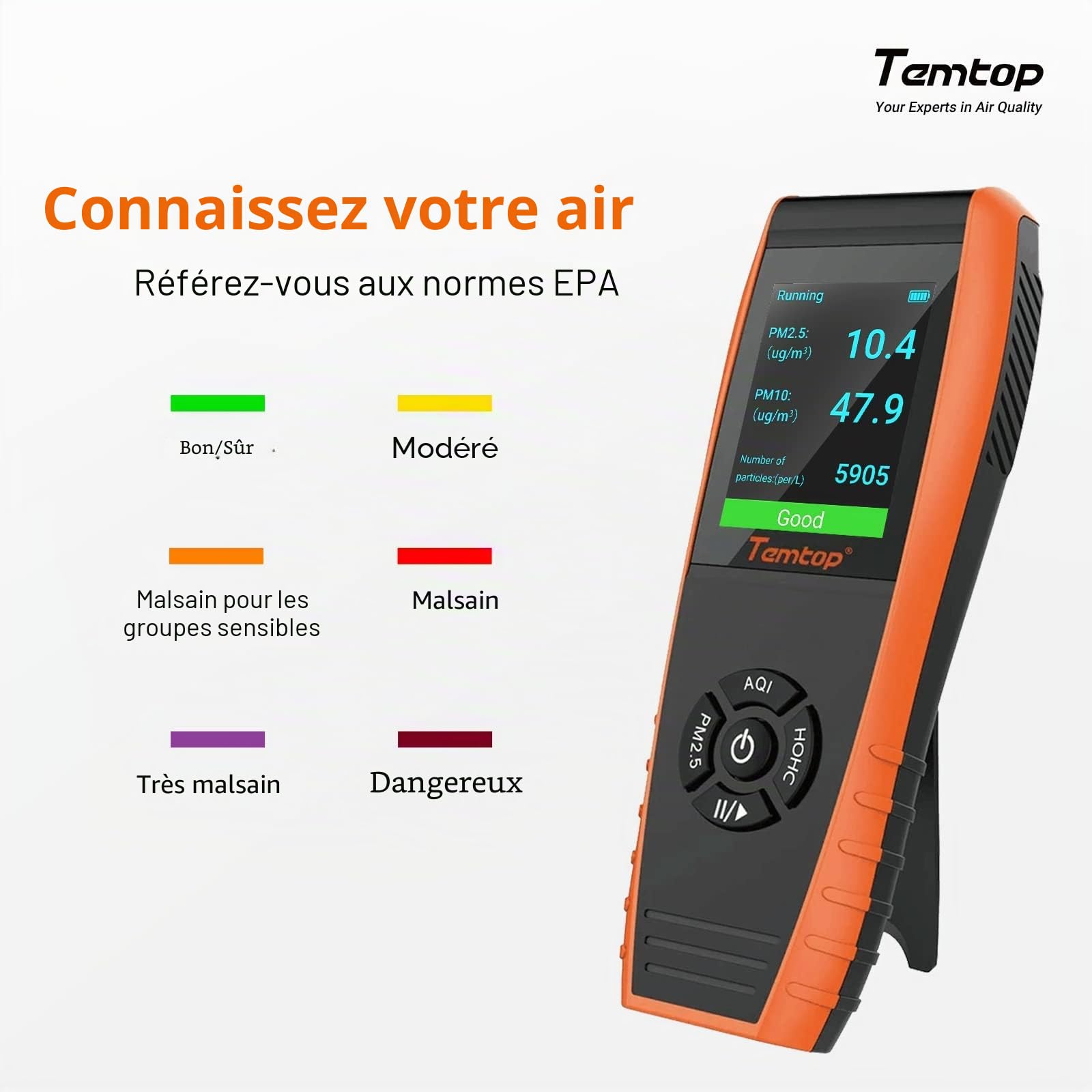 Temtop Moniteur de Qualité de l'air Appareil Mesurant PM2,5 PM10 Température et Humidité pour la Pollution Air Intérieur Extérieur, Détecteur Centré sur Les Particules P600
