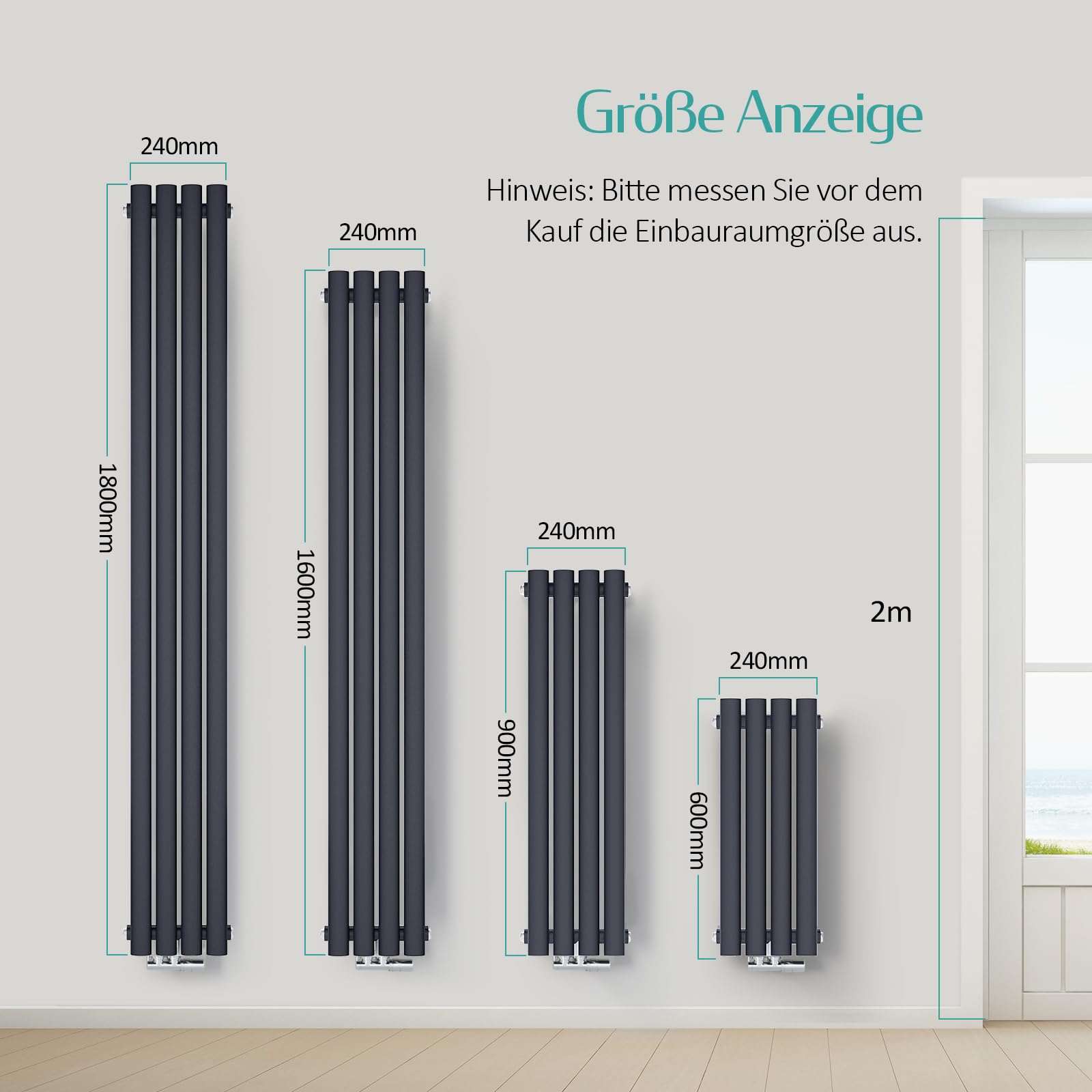 EMKE Ovaler Design Heizkörper 1600x240mm, Schmal Hoch Röhrenheizkörper mit Mittelanschluss Doppellagig Heizung Anthrazit 775 Watt