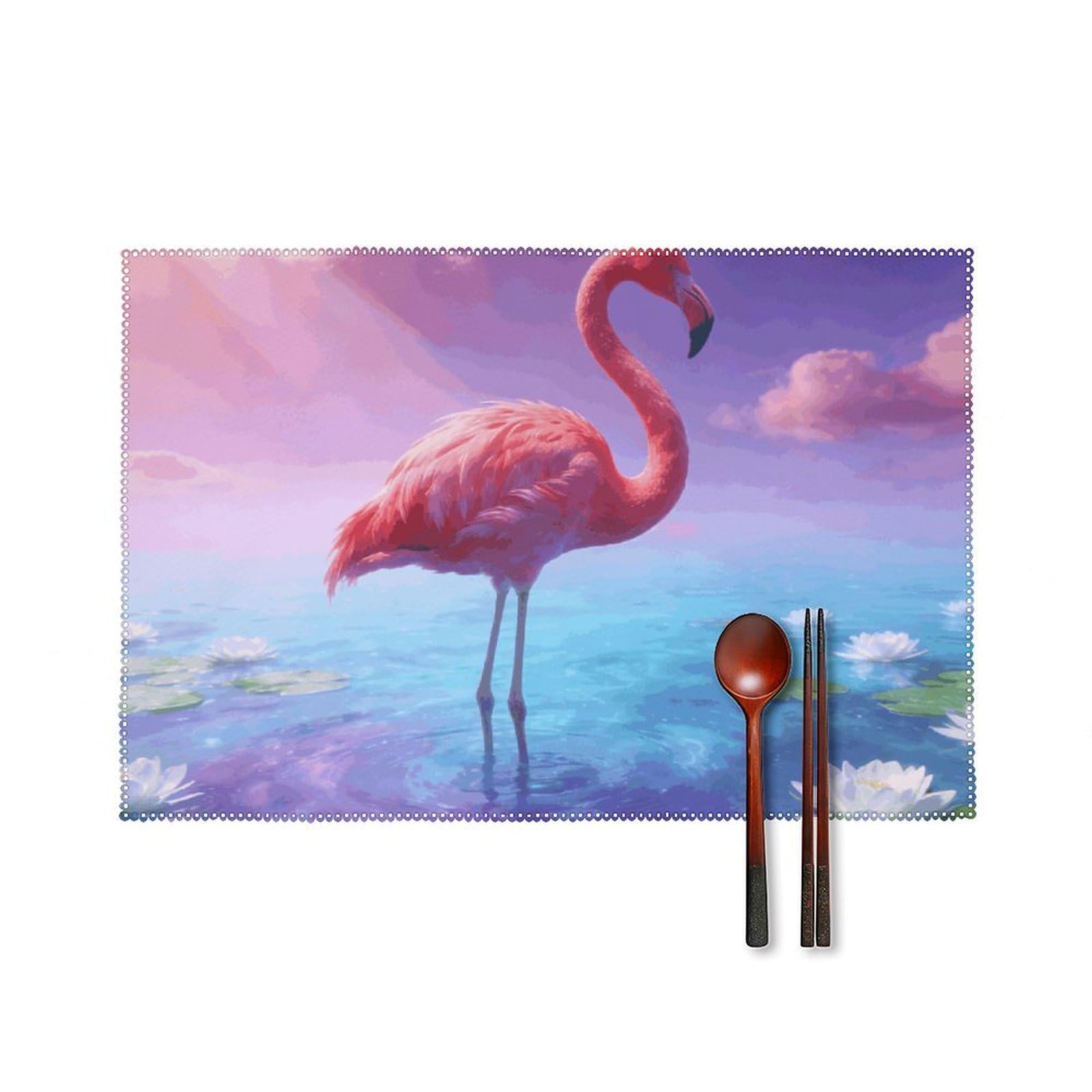 Flamingo Placemats Set of 6, 12x18 Inch Heat Resistant Washable Canvas Table Mats, Stain Resistant Decorative Dining Placemats for Kitchen, Restaurant, Outdoor Party