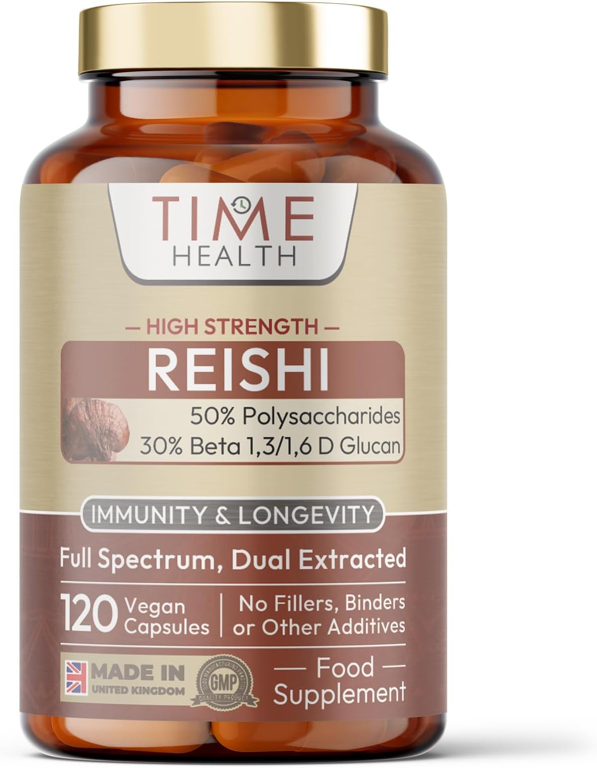 Reishi (Ganoderma lucidum) - High Strength 50% Polysaccharides / 30% Beta 1,3/1,6 D Glucan - Dual Extracted - UK Manufactured - Zero Additives - Pullulan (120 Capsules)