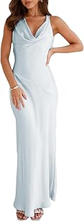 Satin Cowl Neck Sleeveless Backless Maxi Wedding Guest Dress Silk Open Back Tie Back Prom Formal Dresses for Women 2024 - Buy now